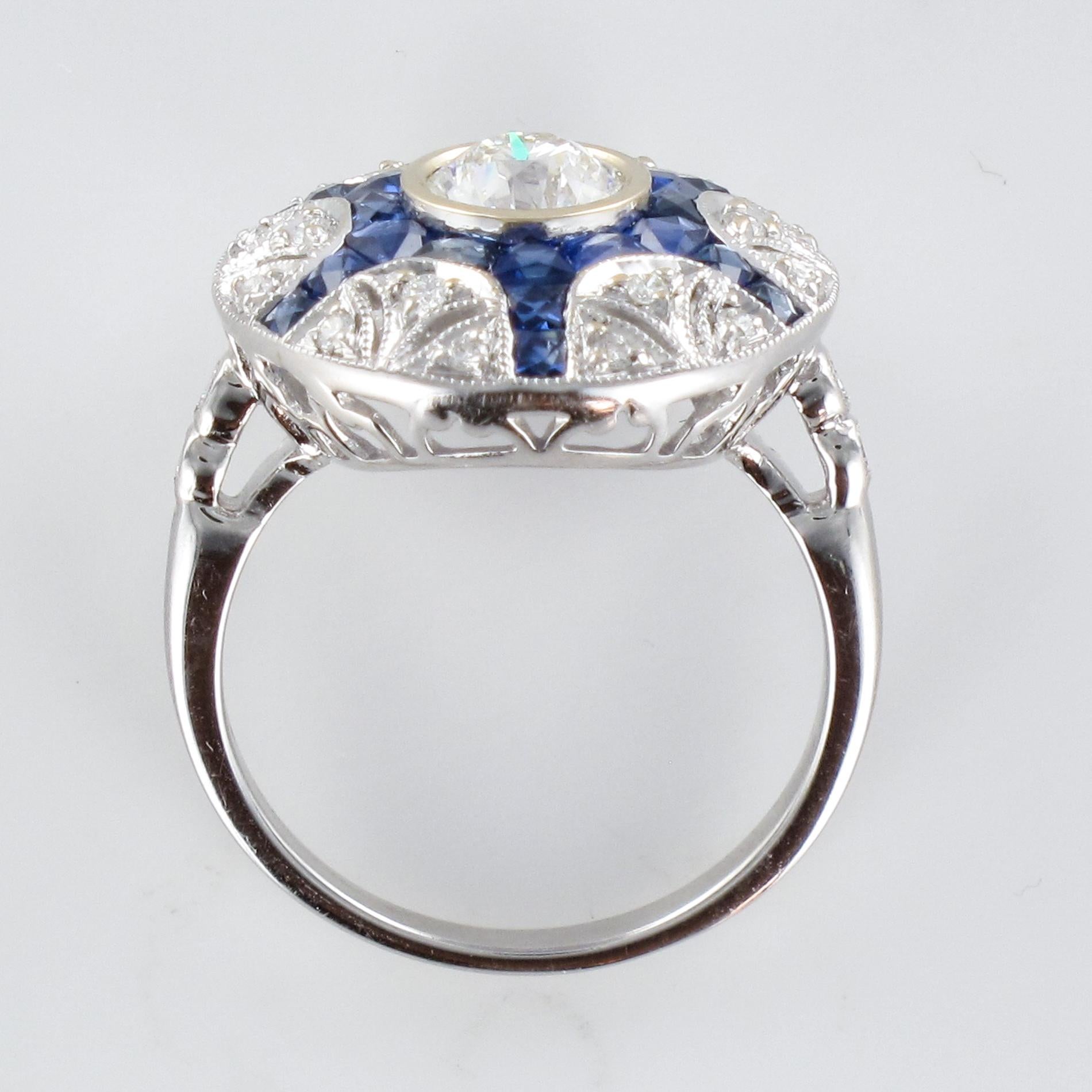 Art Deco Style Calibrated Sapphire Diamonds 18 Karat White Gold Ring 8