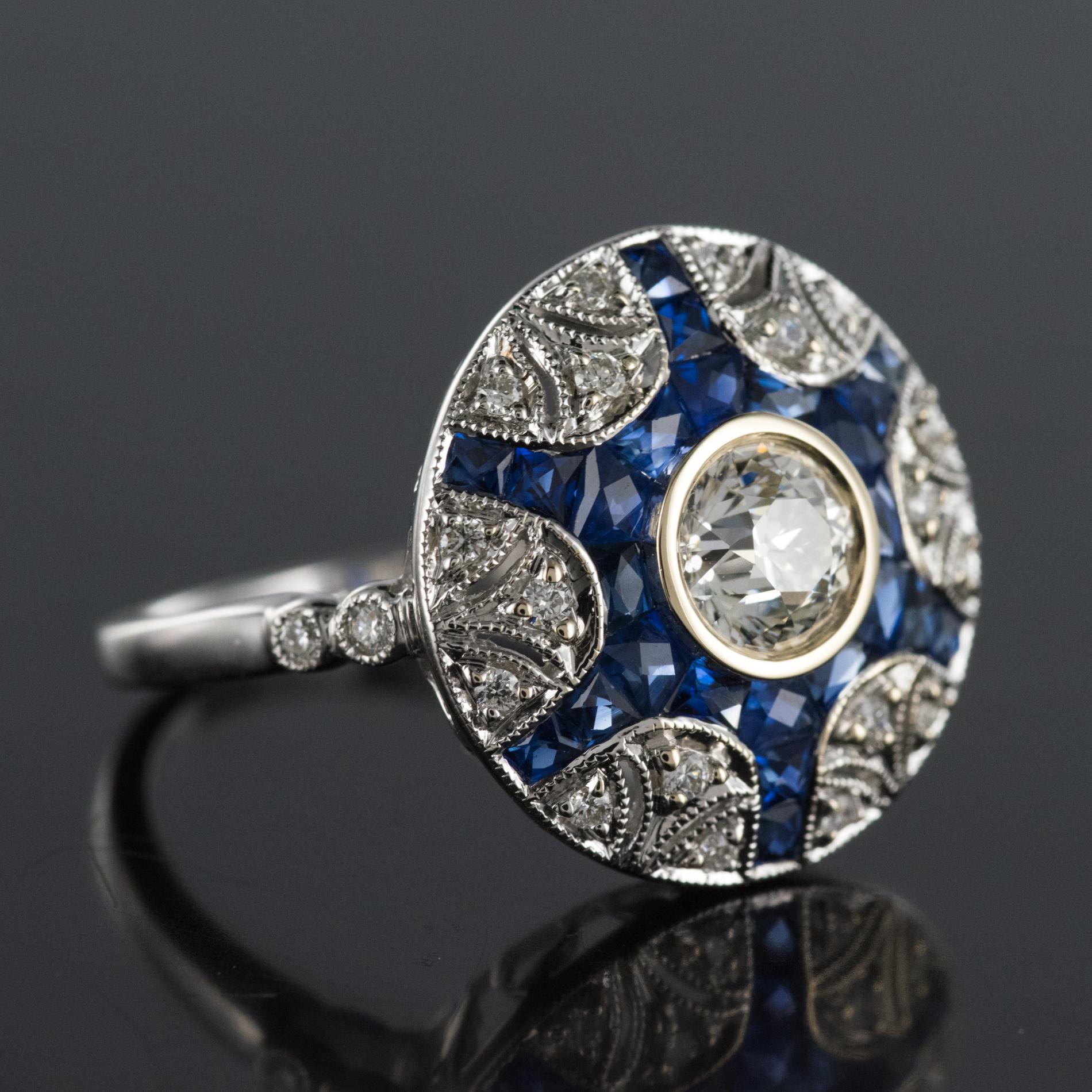 Brilliant Cut Art Deco Style Calibrated Sapphire Diamonds 18 Karat White Gold Ring
