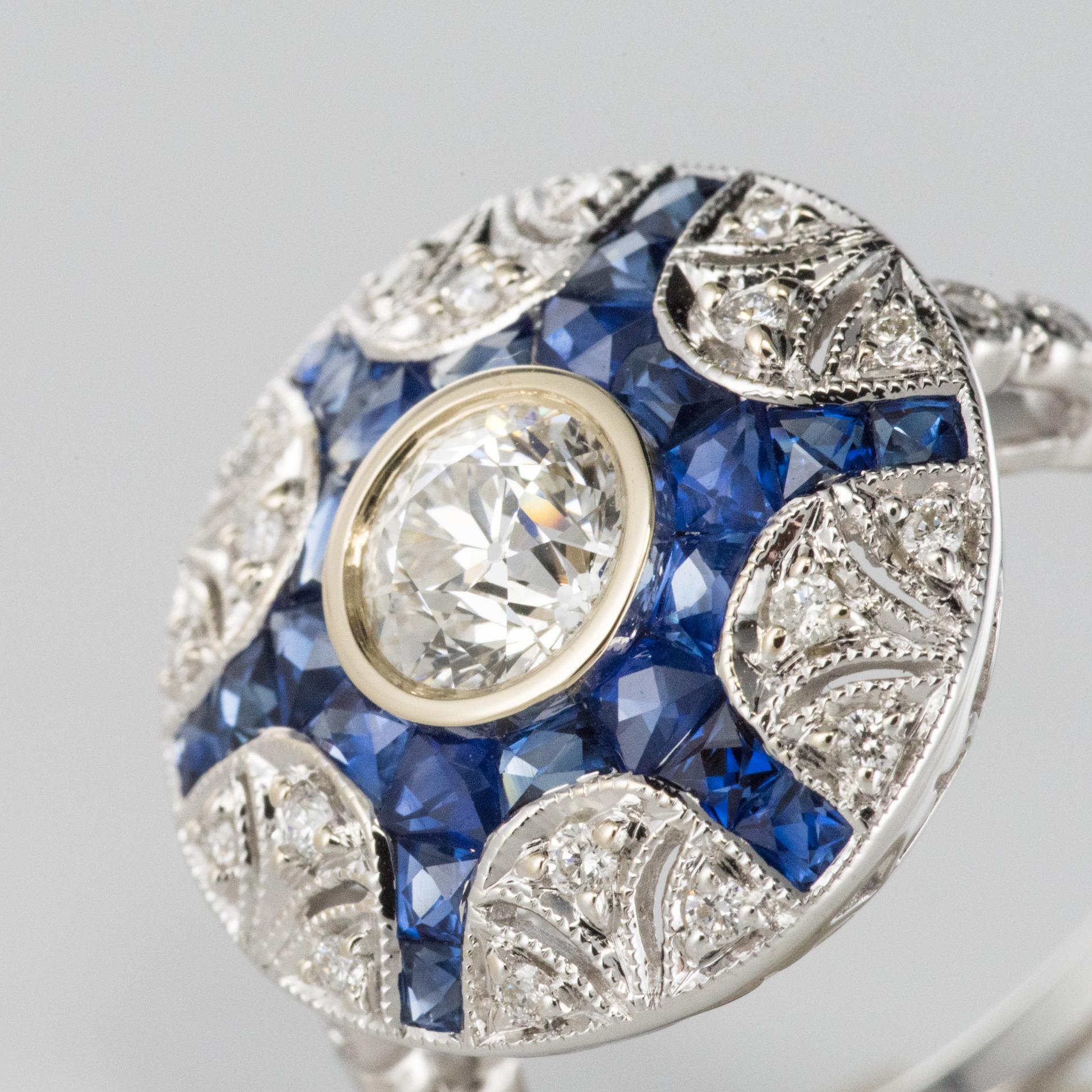Women's Art Deco Style Calibrated Sapphire Diamonds 18 Karat White Gold Ring