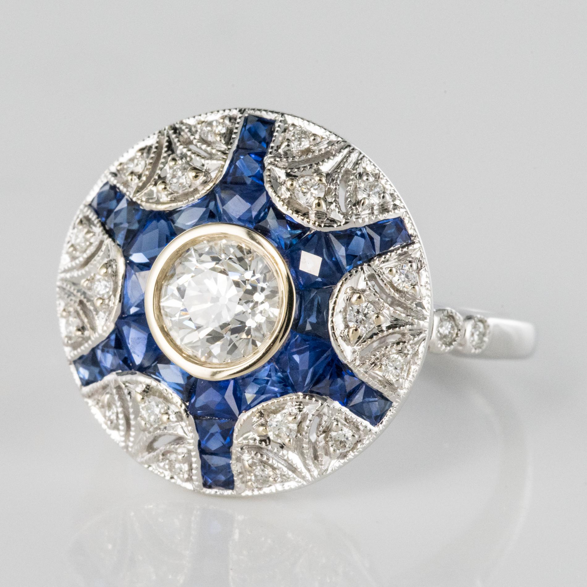 Art Deco Style Calibrated Sapphire Diamonds 18 Karat White Gold Ring 1