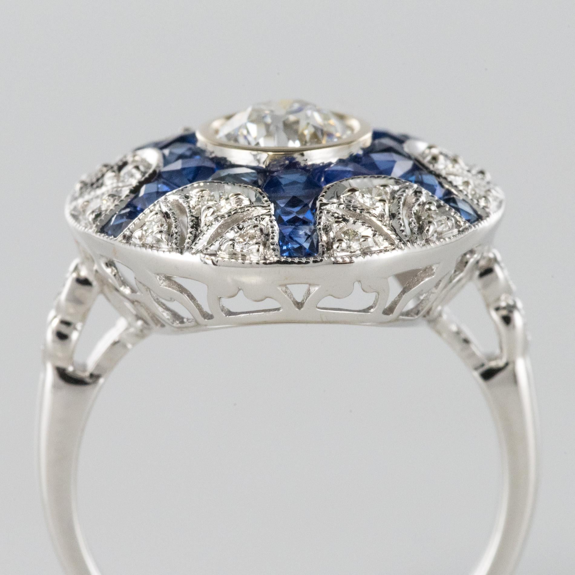 Art Deco Style Calibrated Sapphire Diamonds 18 Karat White Gold Ring 2