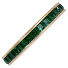 Antique Calibre Cut Natural Emerald Eternity Band Ring, 14k Gold, Low Profile