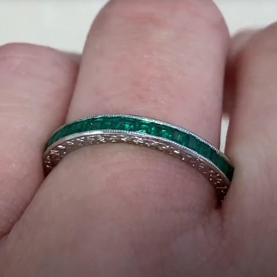Old European Cut Calibre Cut Natural Green Emerald Eternity Band (Approx. 1-Carats), Platinum For Sale
