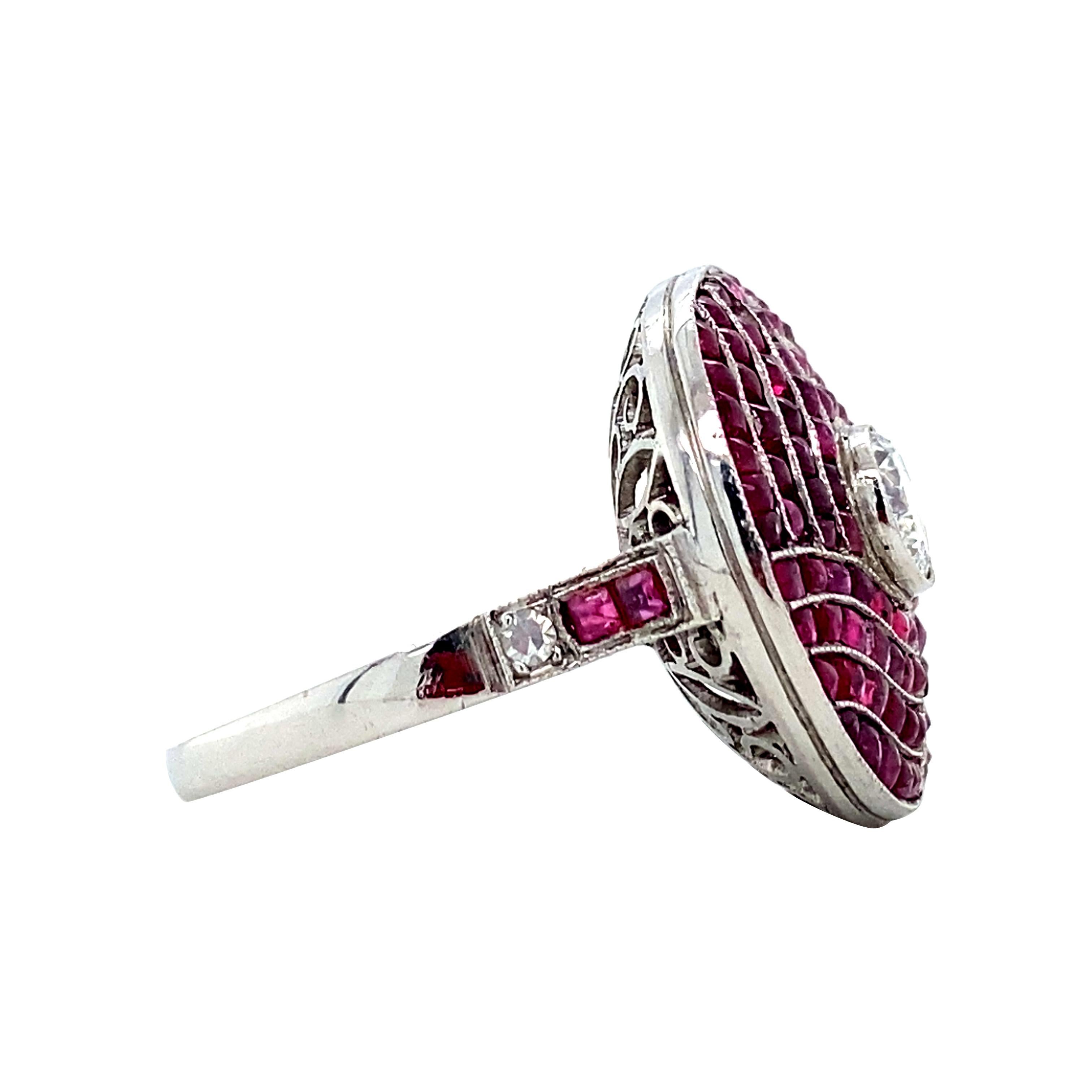 Art Deco Calibre-Cut Natural Ruby & 0.90ctw Diamond Platinum Cocktail Ring For Sale