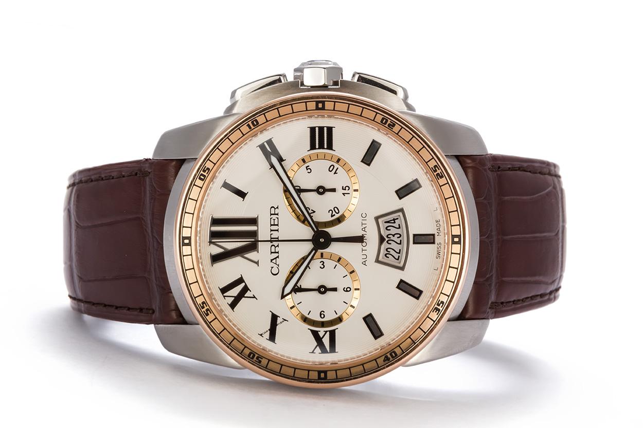 We are pleased to offer this Calibre De Cartier Diver 42mm Stainless Steel & Rose Gold Automatic Watch W7100043. This watch features a brand new unworn authentic Cartier crocodile leather strap, 42mm stainless steel case, self-winding mechanical