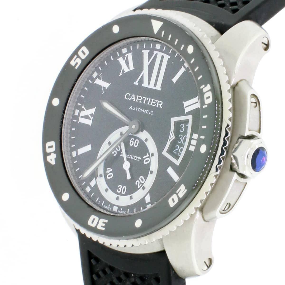 Calibre de Cartier Diver watch, Manufacture mechanical self-winding movement, caliber 1904-PS MC. Steel case. ADLC-coated steel bezel with indicator in Super-LumiNova, faceted crown set with a faceted synthetic spinel. Black dial snailed in part