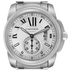 Calibre De Cartier Silver Dial Steel Automatic Mens Watch W7100015 Box Papers