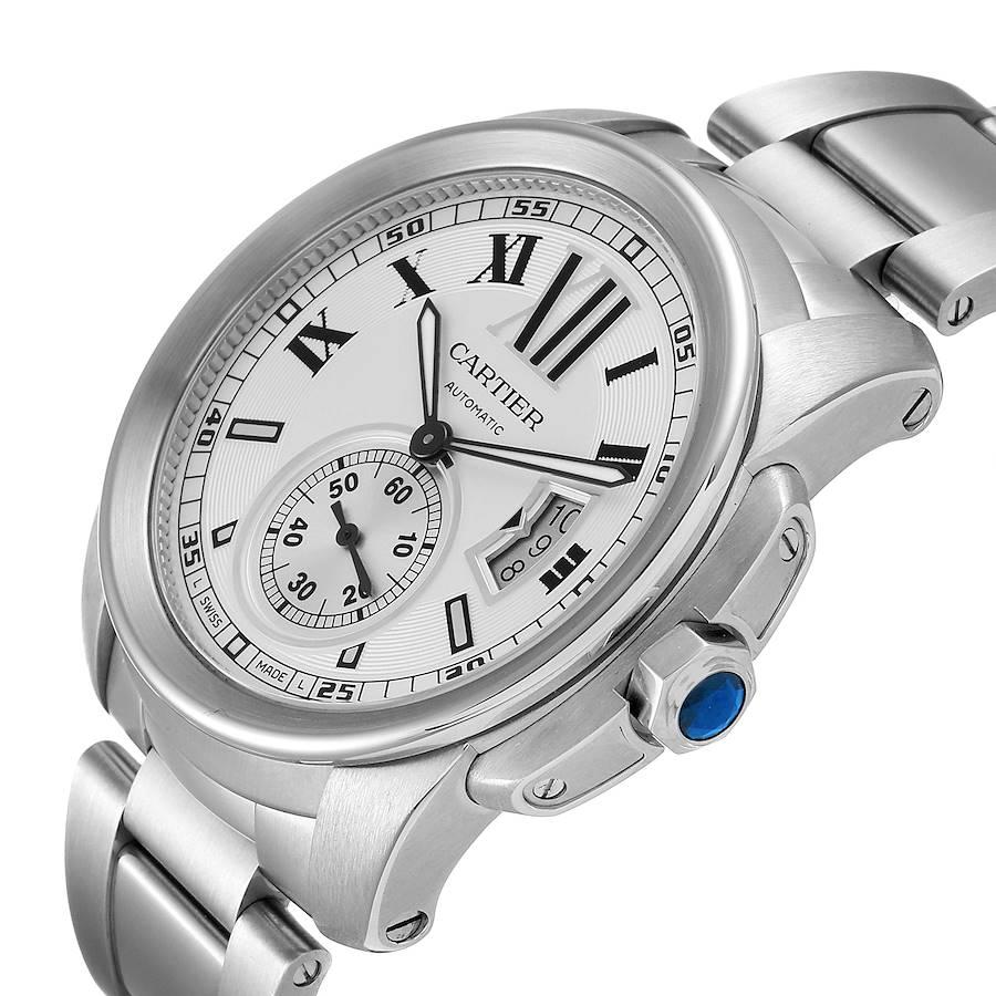 Calibre De Cartier Silver Dial Steel Automatic Mens Watch W7100015 In Excellent Condition For Sale In Atlanta, GA