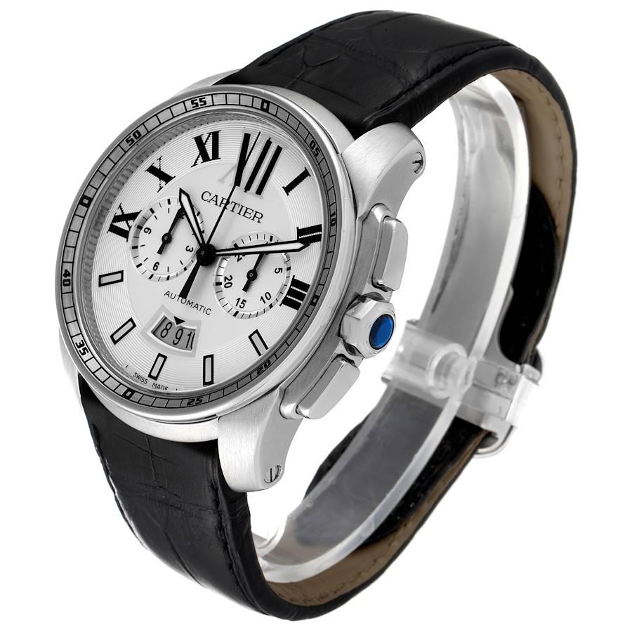 kalibr Calibre De Cartier Stahl Chronograph Silber Zifferblatt Herrenuhr W7100046 im Angebot 1