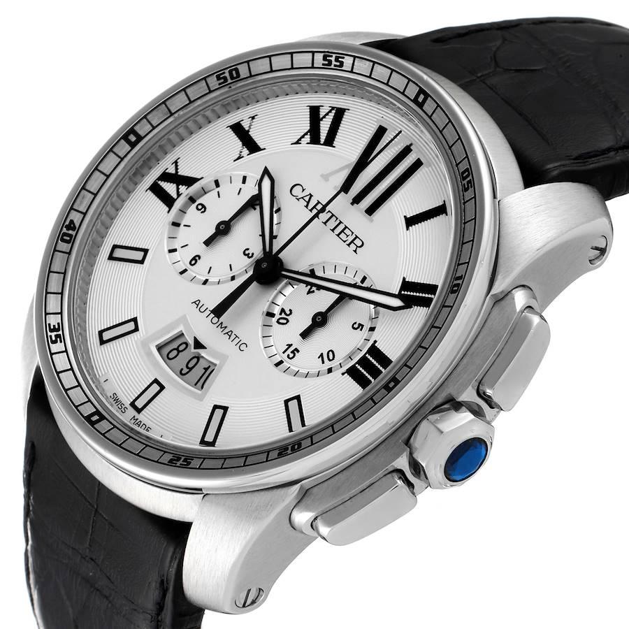 kalibr Calibre De Cartier Stahl Chronograph Silber Zifferblatt Herrenuhr W7100046 im Angebot 2