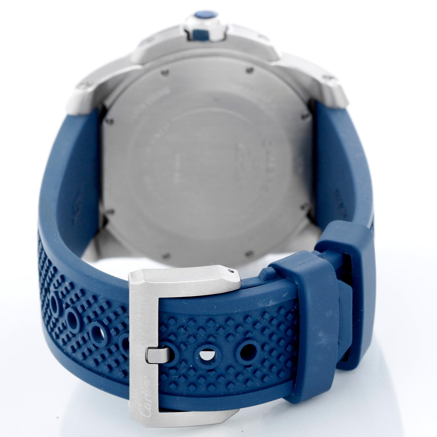 Calibre de Diver Cartier Men's Stainless Steel  Watch WSCA0011 - Automatic winding. Stainless Steel  (42mm diameter). Blue dial with white Roman numerals and stick markers; date at 3 o'clock, subseconds at 6 o'clock. Blue rubber strap with Cartier