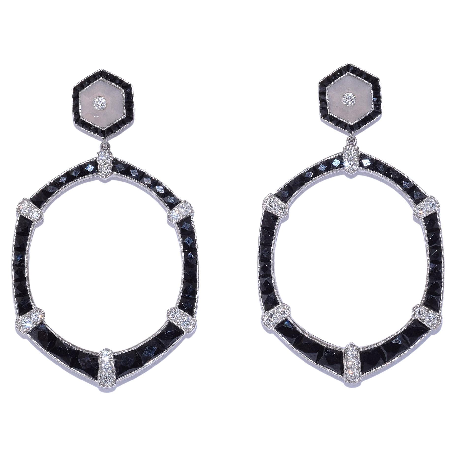 Calibre Onyx and Diamond Hexagonal Gypsy Hoop Earrings Signed Fred Leighton