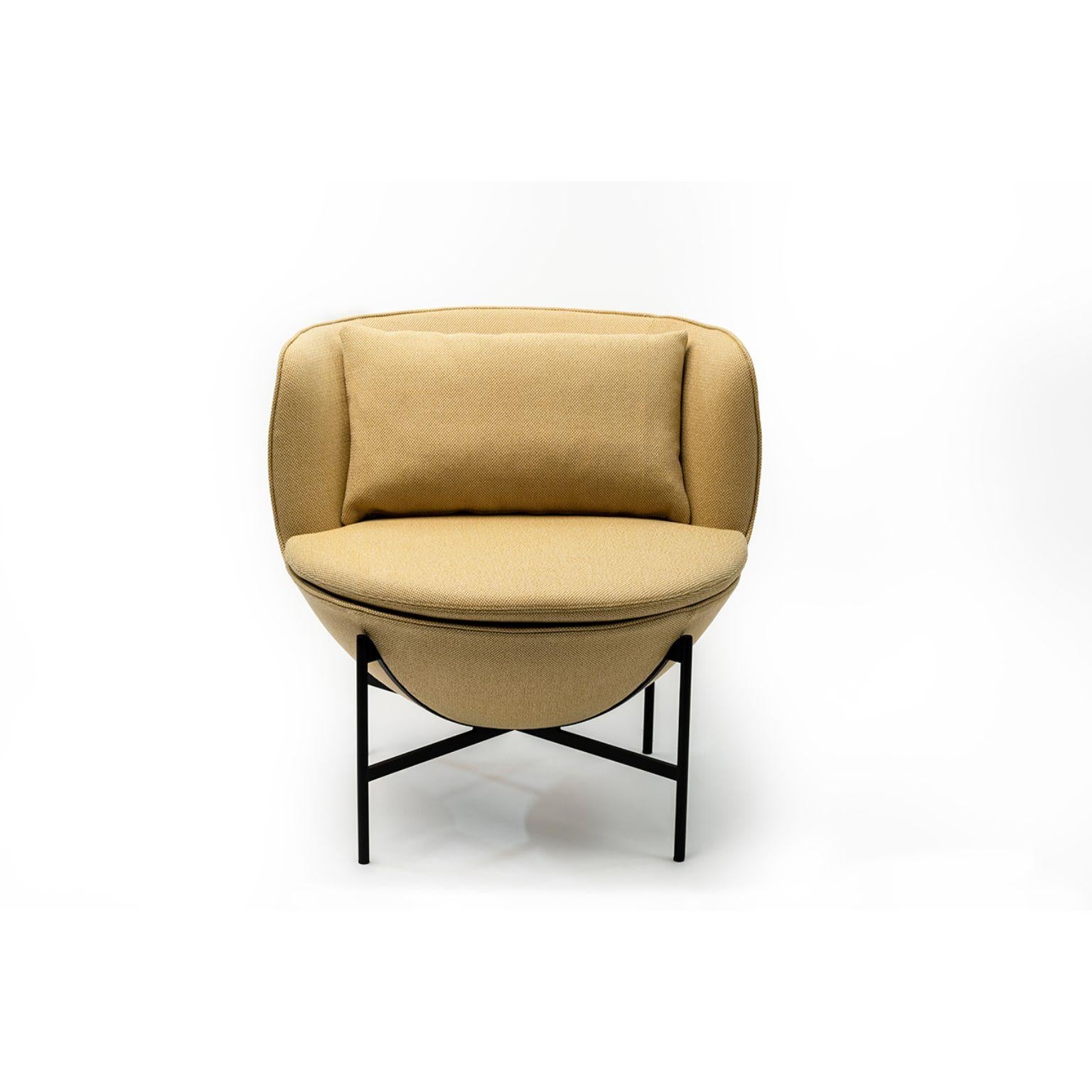Calice armchair four-leg base by Patrick Norguet
Materials: Upholstery: Fabric also avaible in leather
Structure: Black powder-coated metal or Matte champagne and black chrome 
Dimensions: W 72.8 x D70.7 x H 71.6 cm
 HS 43.7 cm

The Calice armchair