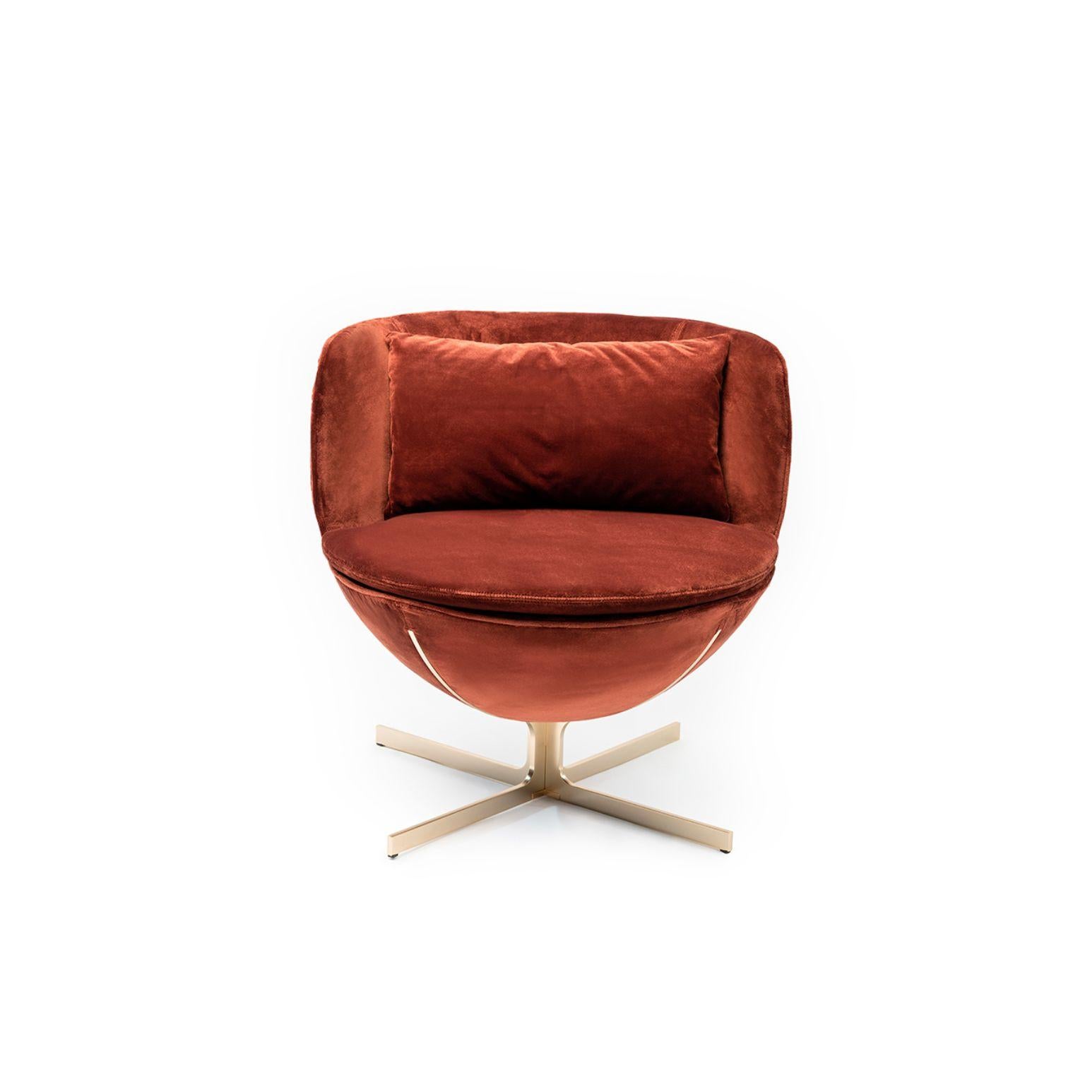 Calice armchair four-star base by Patrick Norguet.
Materials: Upholstery: Fabric also avaible in leather
 Structure: Black powder-coated metal or Matte champagne and Black chrome 
Dimensions: W 72.8 x D70.7 x H 71.6 cm
 HS 43.7 cm

The Calice