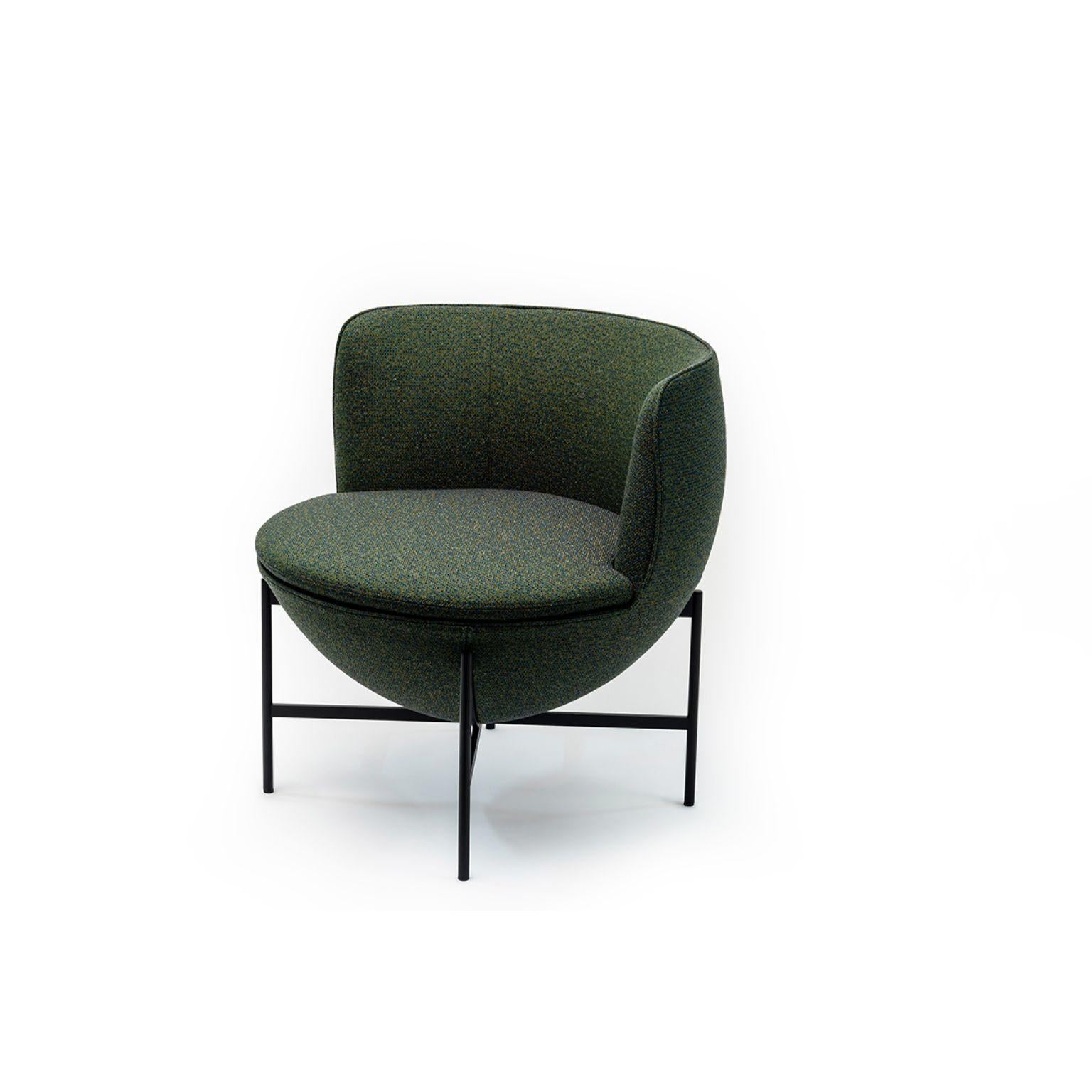 Calice armchair four-leg base by Patrick Norguet
Materials: Upholstery: Fabric or leather
 Structure: Black powder-coated metal or matte champagne and black chrome 
Dimensions: W 72.8 x D70.7 x H 71.6 cm
 HS 43.7 cm

The Calice armchair owes