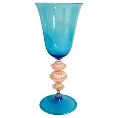 Hand Blown Murano Glass Chalice Light Blue with Gold Leaf 1970s