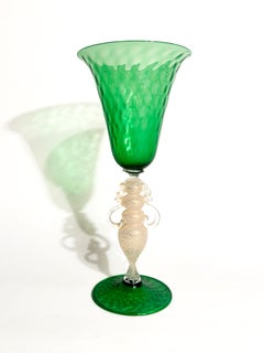 Hand Blown Green and Gold Leaf Murano Glass Goblet 1970s