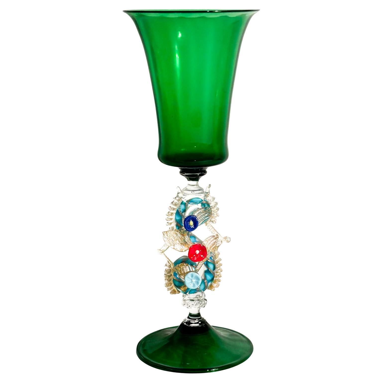 Copa de cristal de Murano soplado con decoraciones florales Años 70