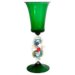 Calice in Vetro di Murano Soffiato con Decorazioni Floreali Anni 70