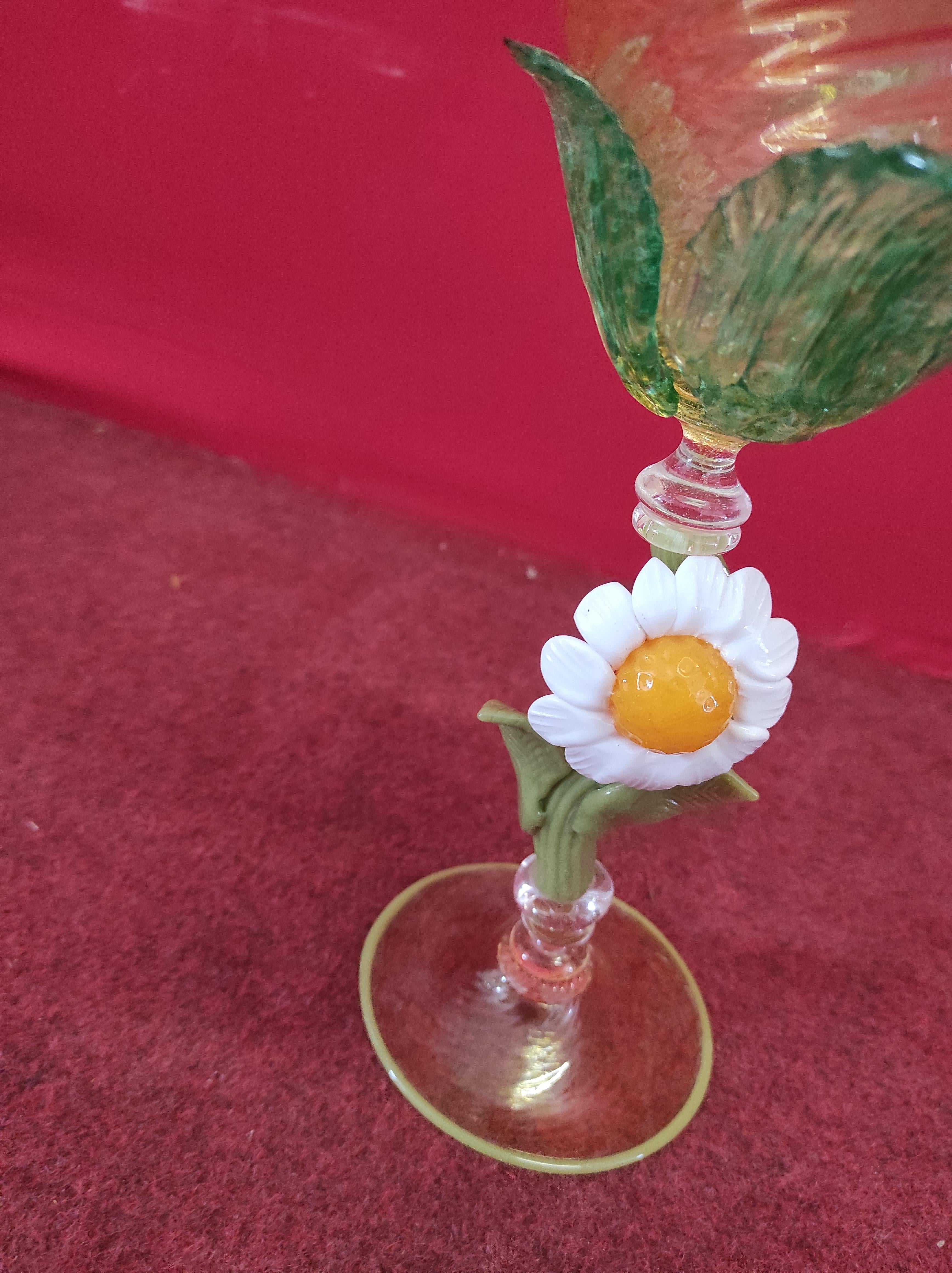 Modern Murano blown glass goblet with sunflowers For Sale