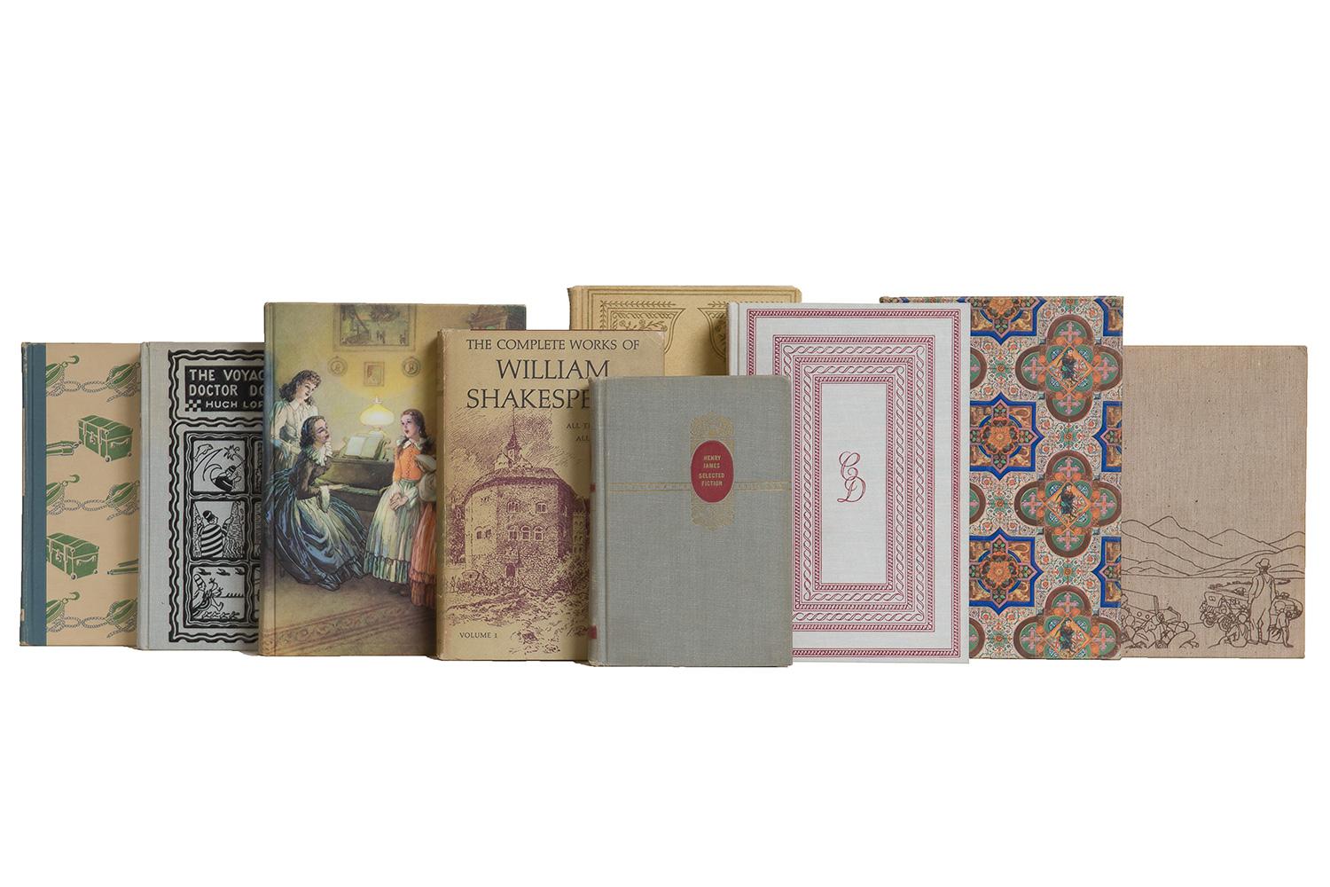 Features a blend of 21 authentic vintage books published, 1900-1939. Includes a variety of literary classics by Irving, Dumas, Dickens, and more in decorative shades of tan and blue with pops of red. Selective titles are housed in original dust