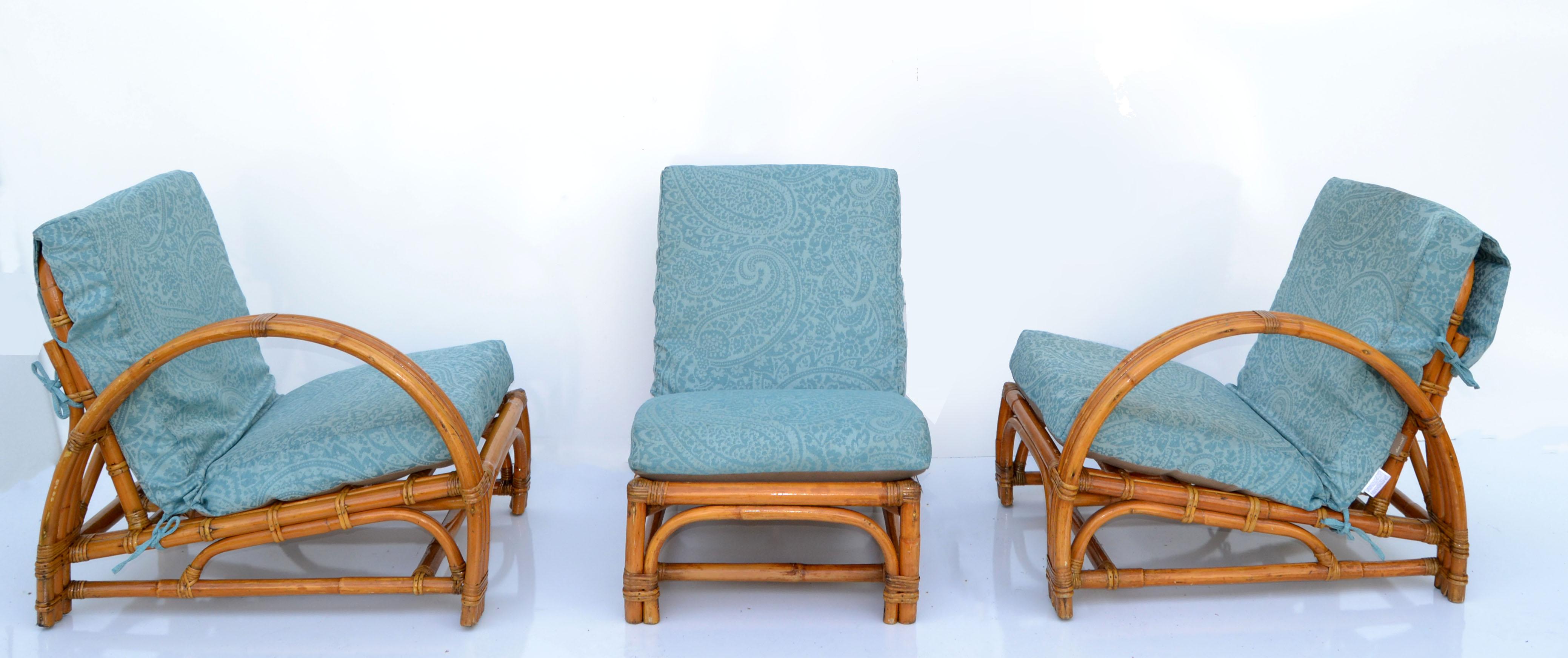 20th Century Calif Asia 4 Piece Seating Set Bamboo Sofa & Lounge Chair Turquoise Upholstery