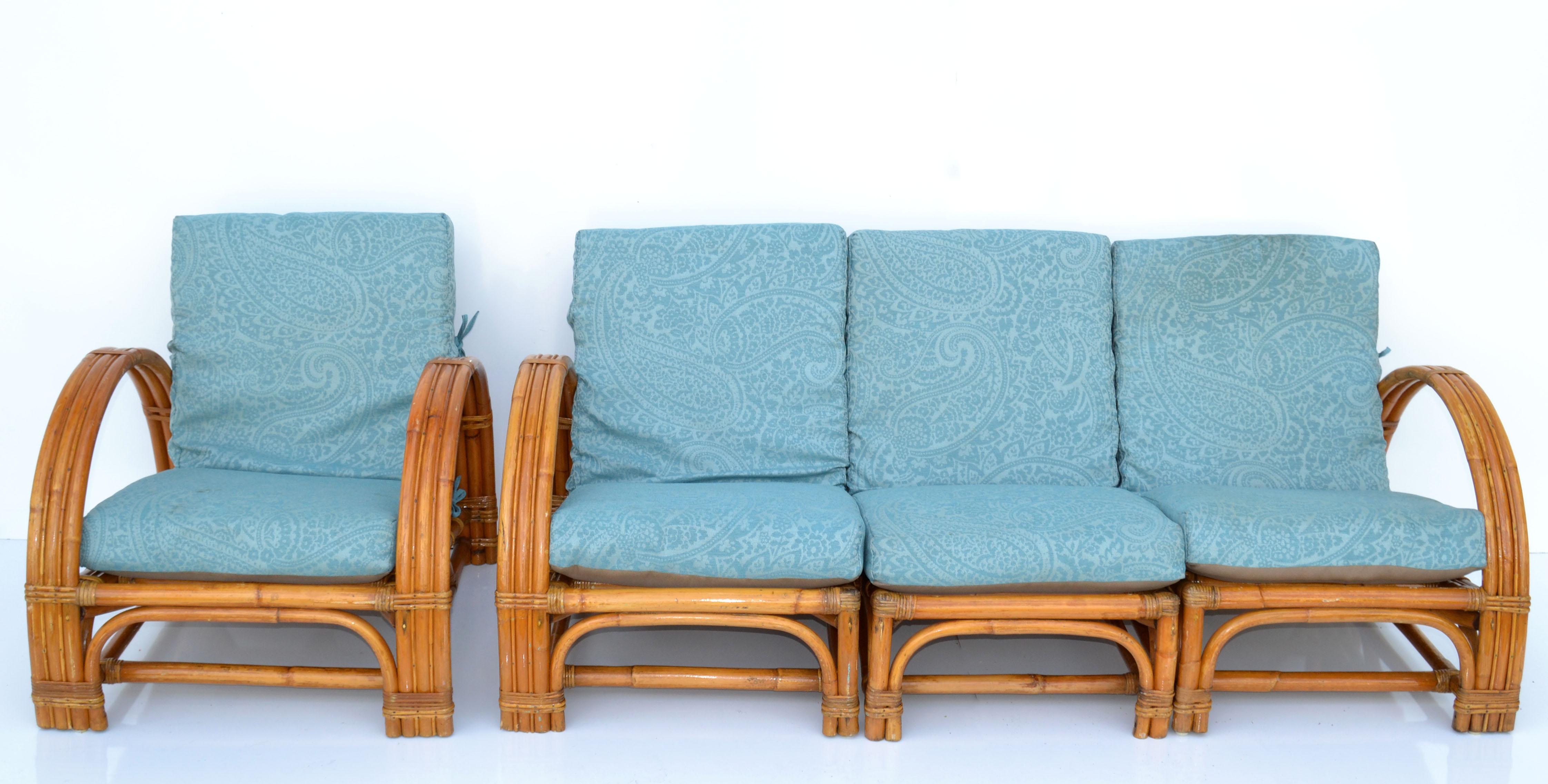 Calif Asia 4 Piece Seating Set Bamboo Sofa & Lounge Chair Turquoise Upholstery 7