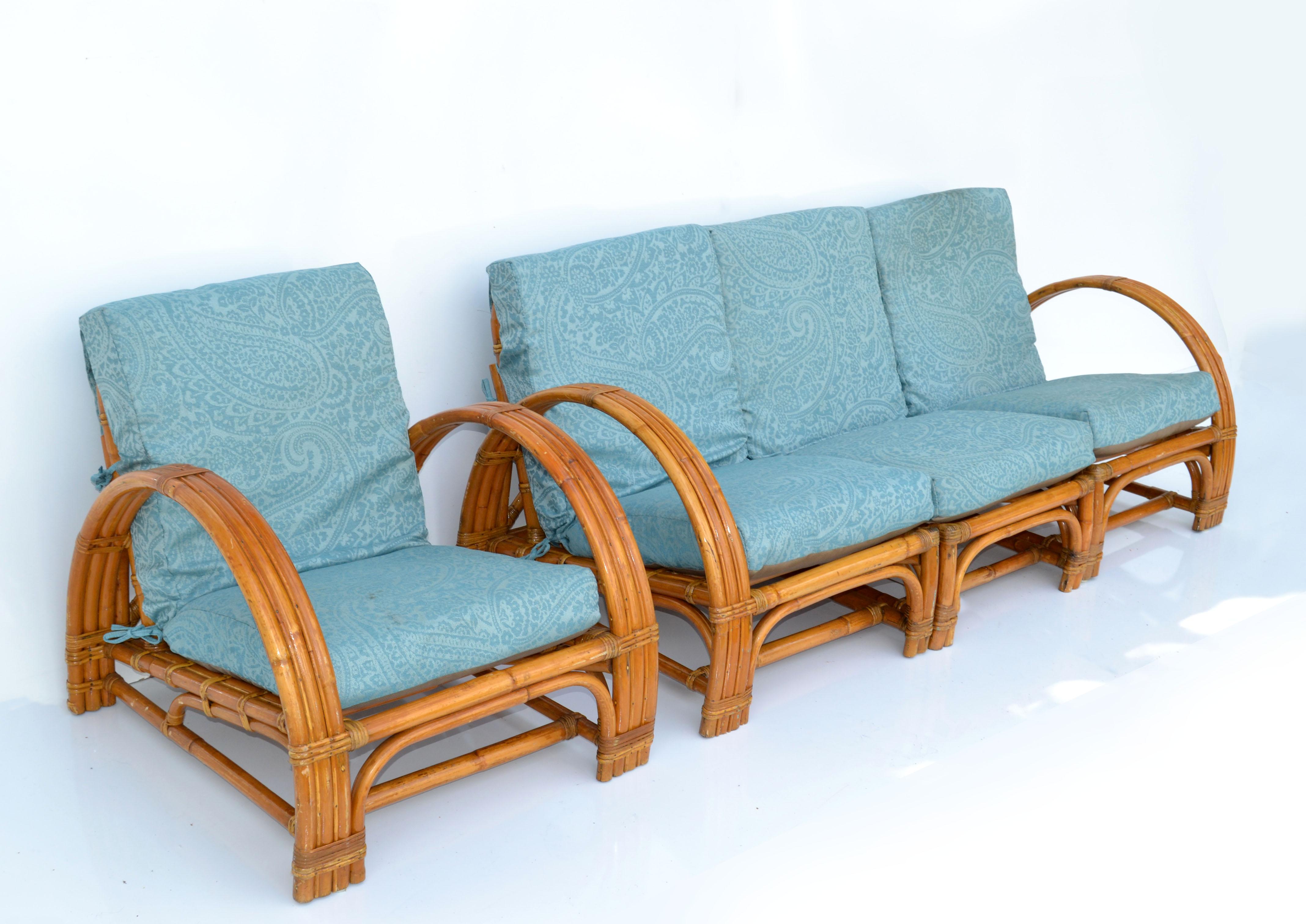 Calif - Asia 4 piece seating set indoor sofa collection Asian Modern made out of handcrafted bamboo and each chair comes with the original Turquoise Seat upholstery by Allen & Roth.
Finished in a warm Brown Color, the sturdy rattan pole