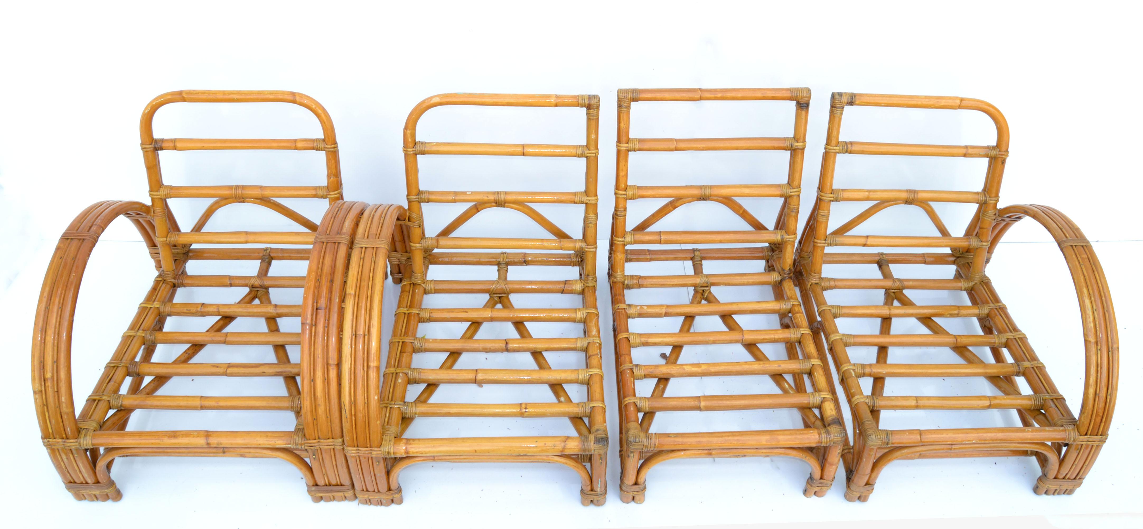 Chinese Export Calif Asia 4 Piece Seating Set Bamboo Sofa & Lounge Chair Turquoise Upholstery