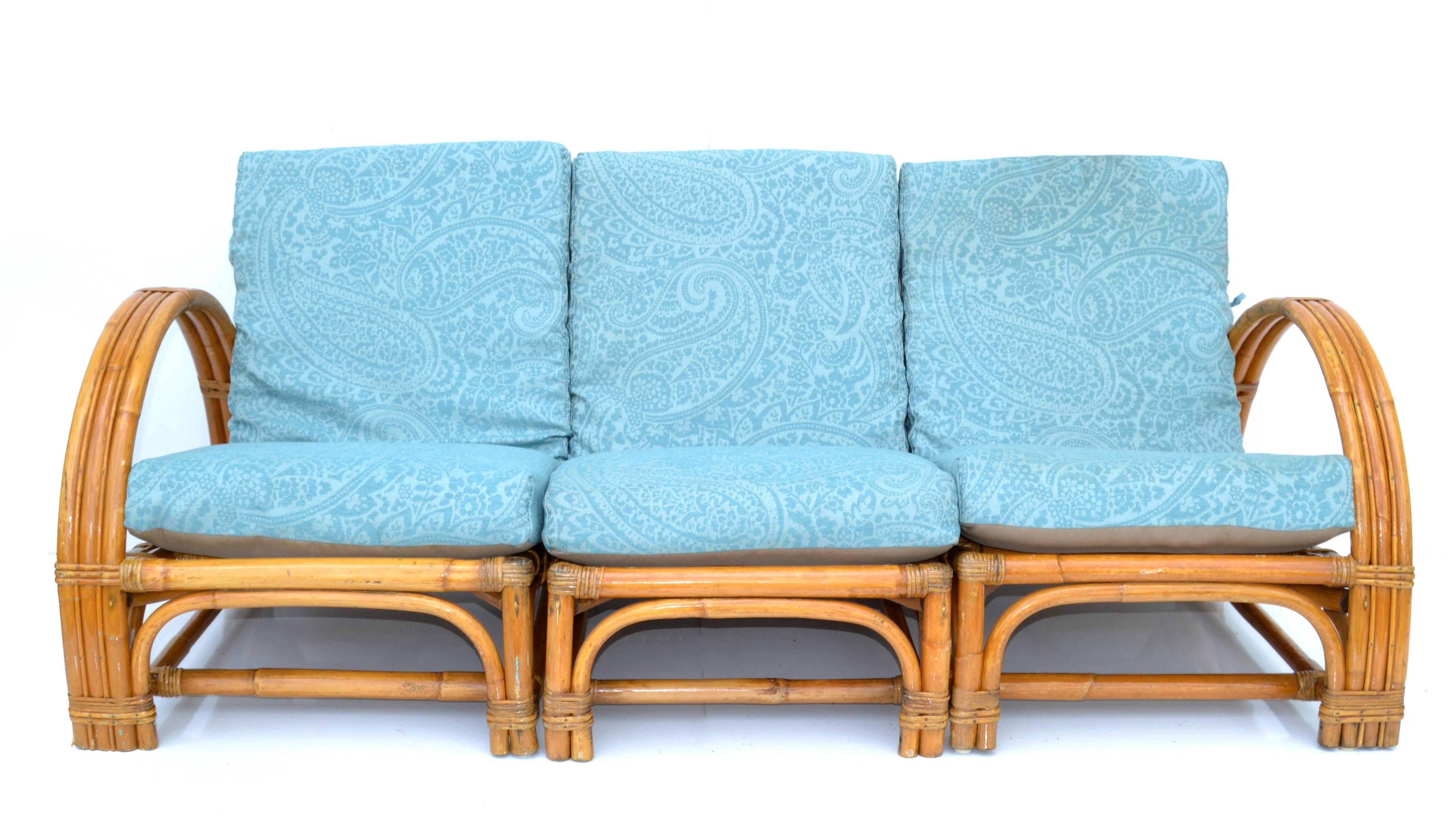 Philippine Calif Asia 4 Piece Seating Set Bamboo Sofa & Lounge Chair Turquoise Upholstery