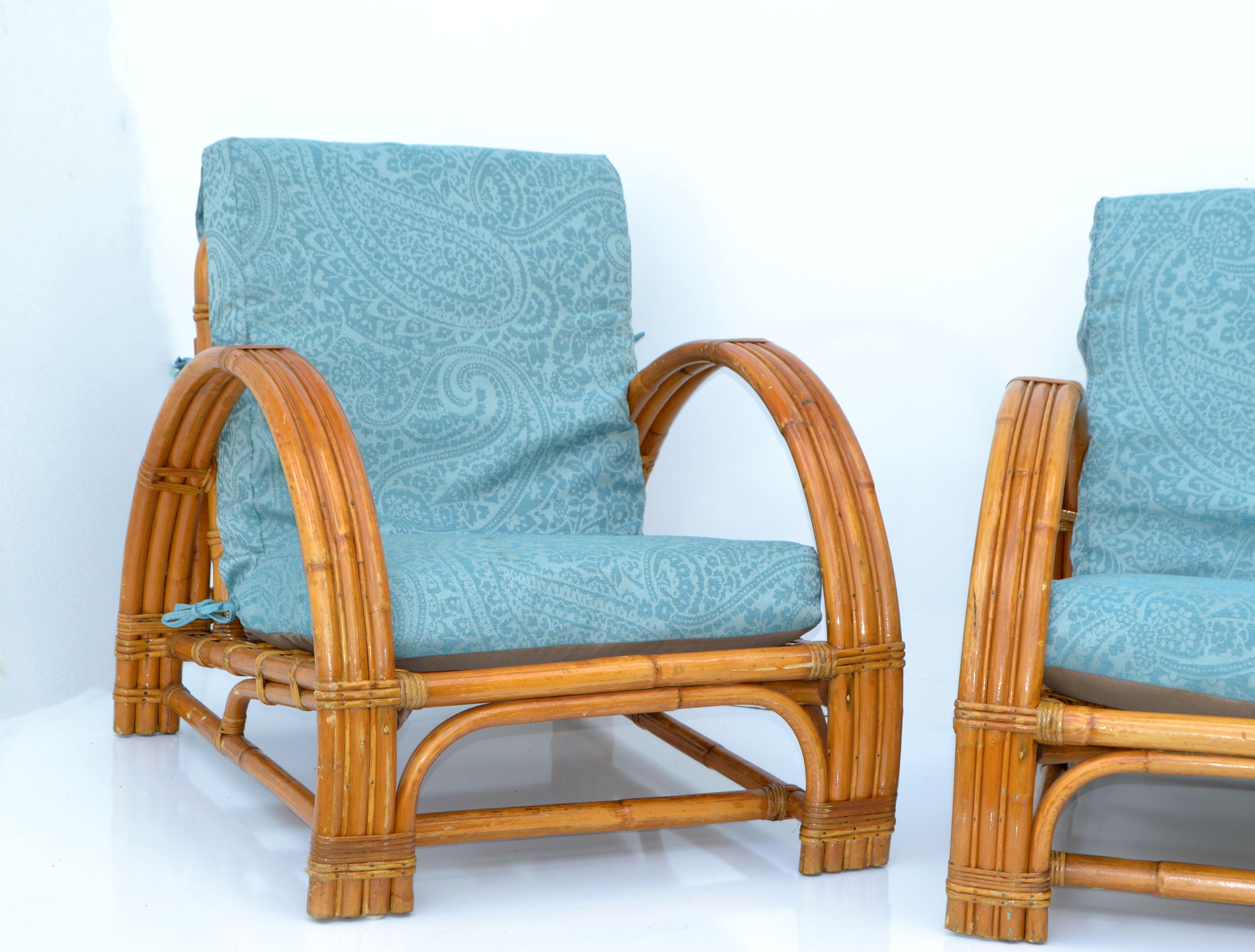 Hand-Crafted Calif Asia 4 Piece Seating Set Bamboo Sofa & Lounge Chair Turquoise Upholstery