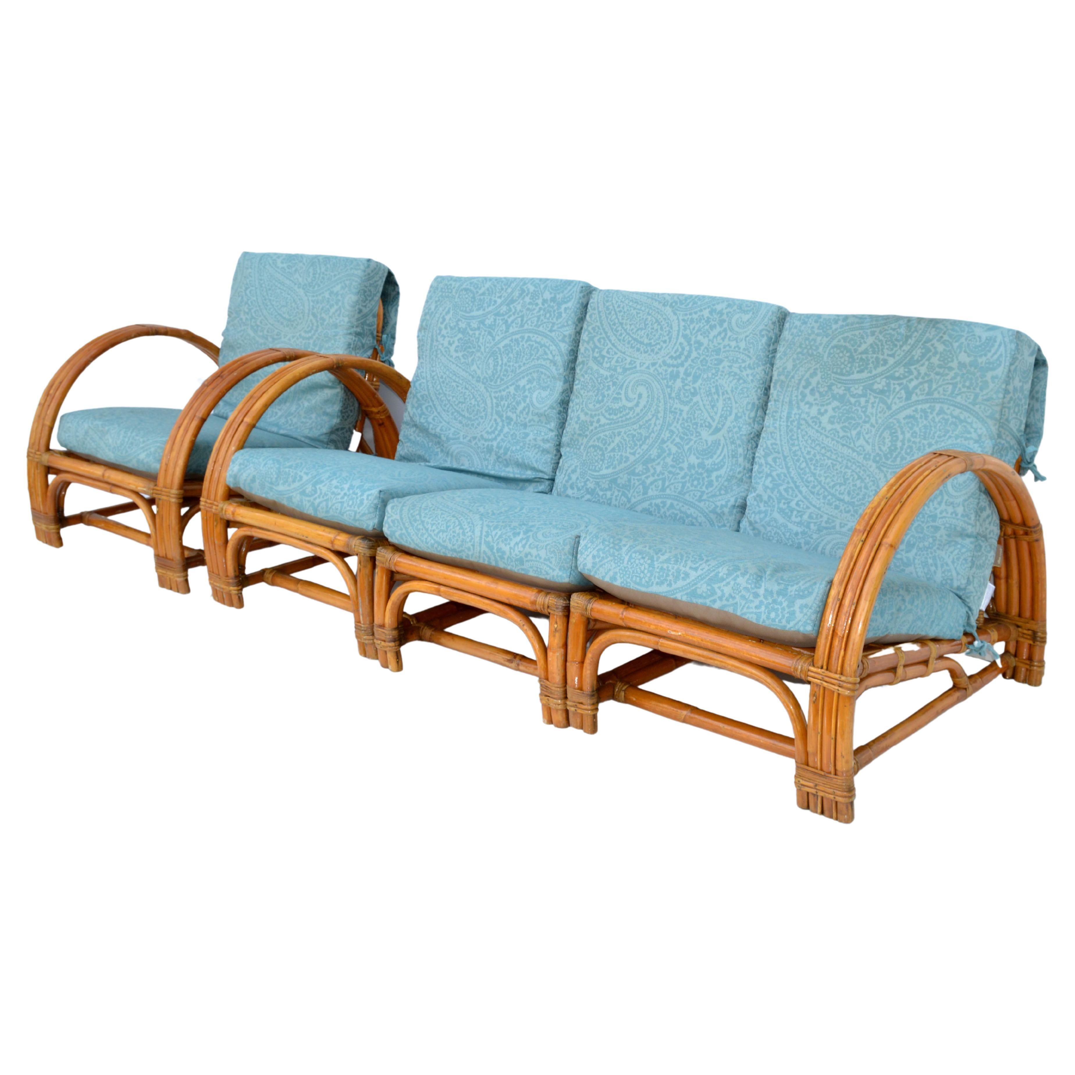 Calif Asia 4 Piece Seating Set Bamboo Sofa & Lounge Chair Turquoise Upholstery