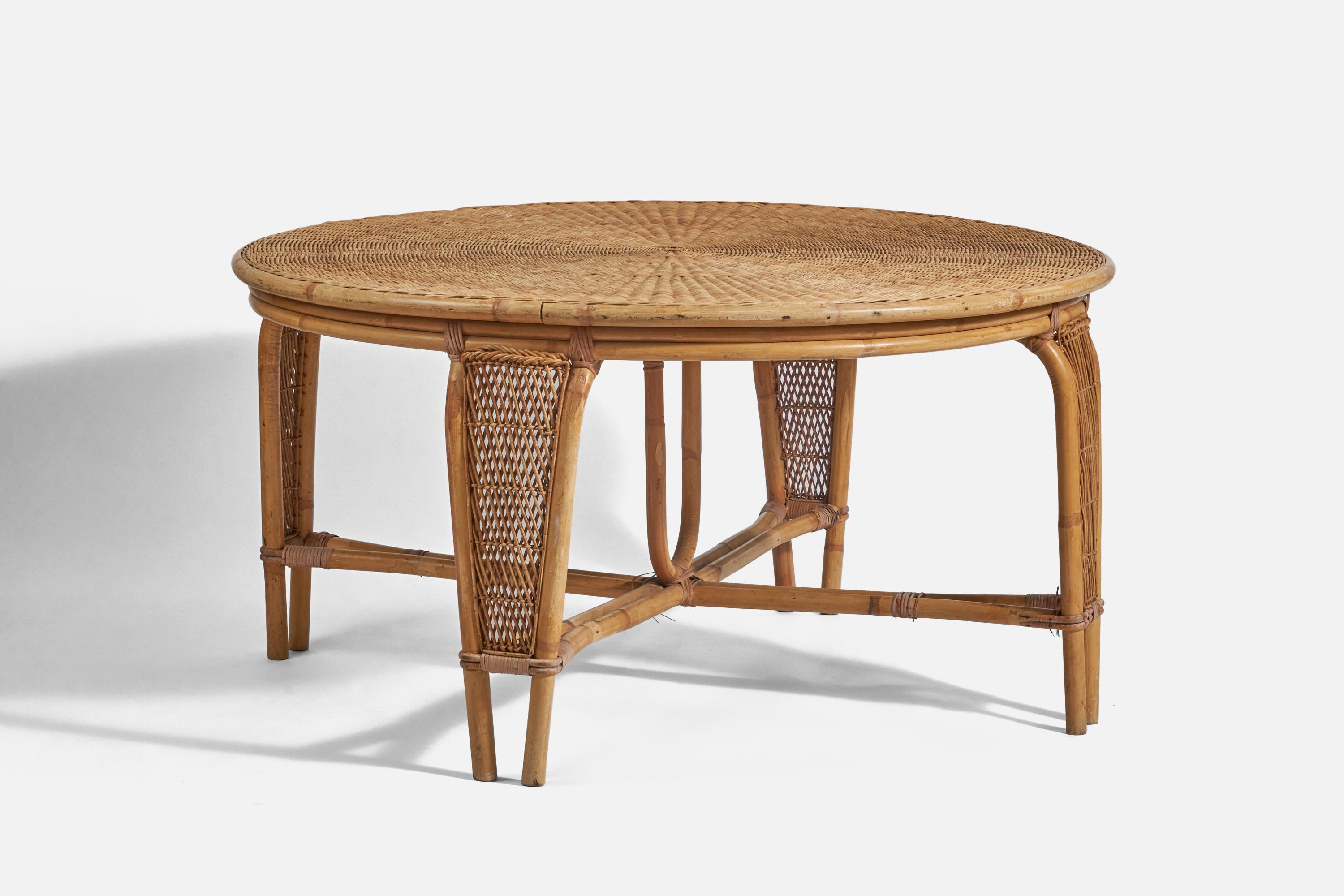A bamboo and wicker games / dining or center table designed and produced by Calif-Asia, USA, c. 1970s.