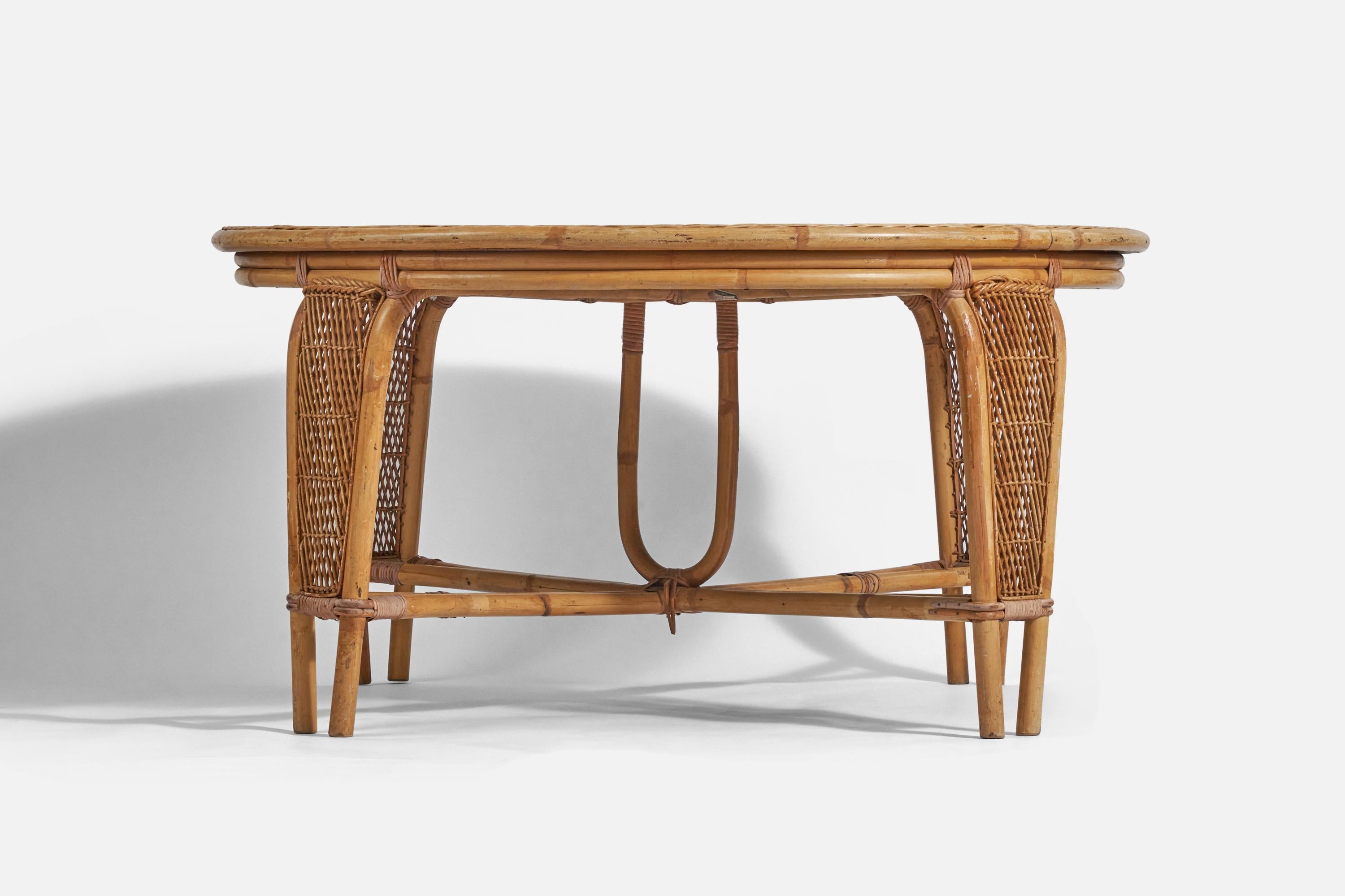 Mid-Century Modern Calif-asia, Dining or Games Table, Bamboo, Wicker, USA, C. 1970s