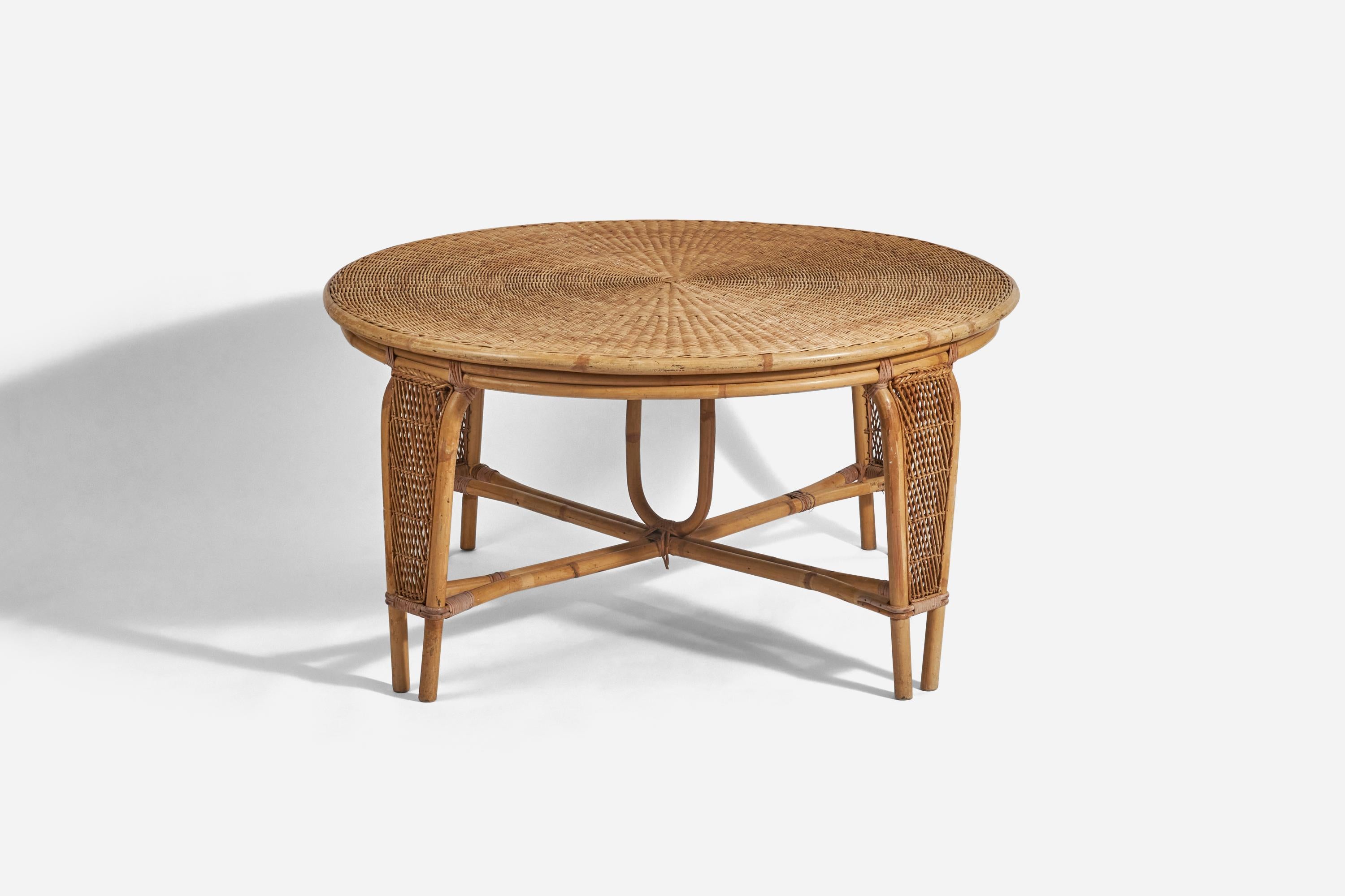 American Calif-asia, Dining or Games Table, Bamboo, Wicker, USA, C. 1970s