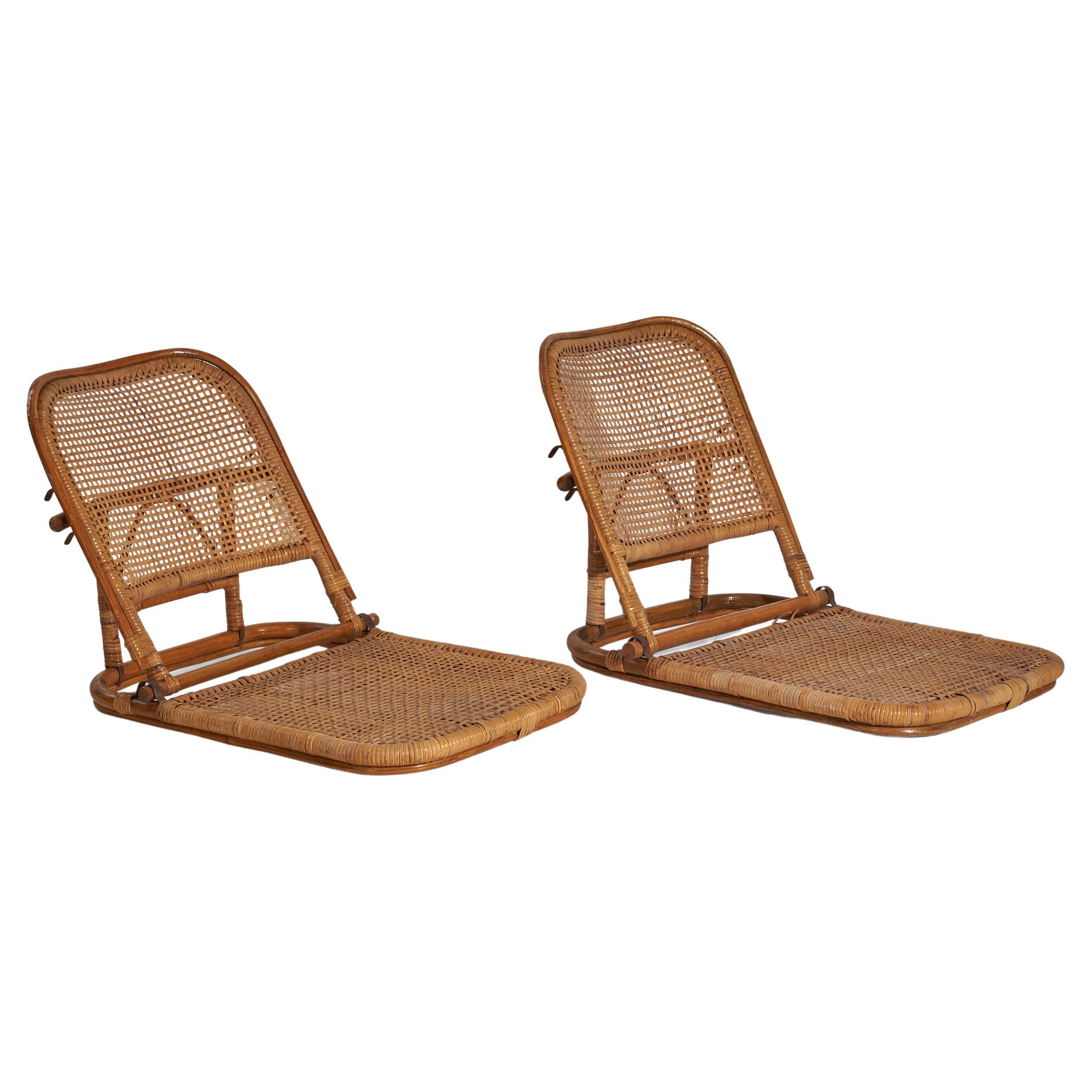 American Designer, Low Foldable Chairs, Rattan, Usa, 1960s For Sale