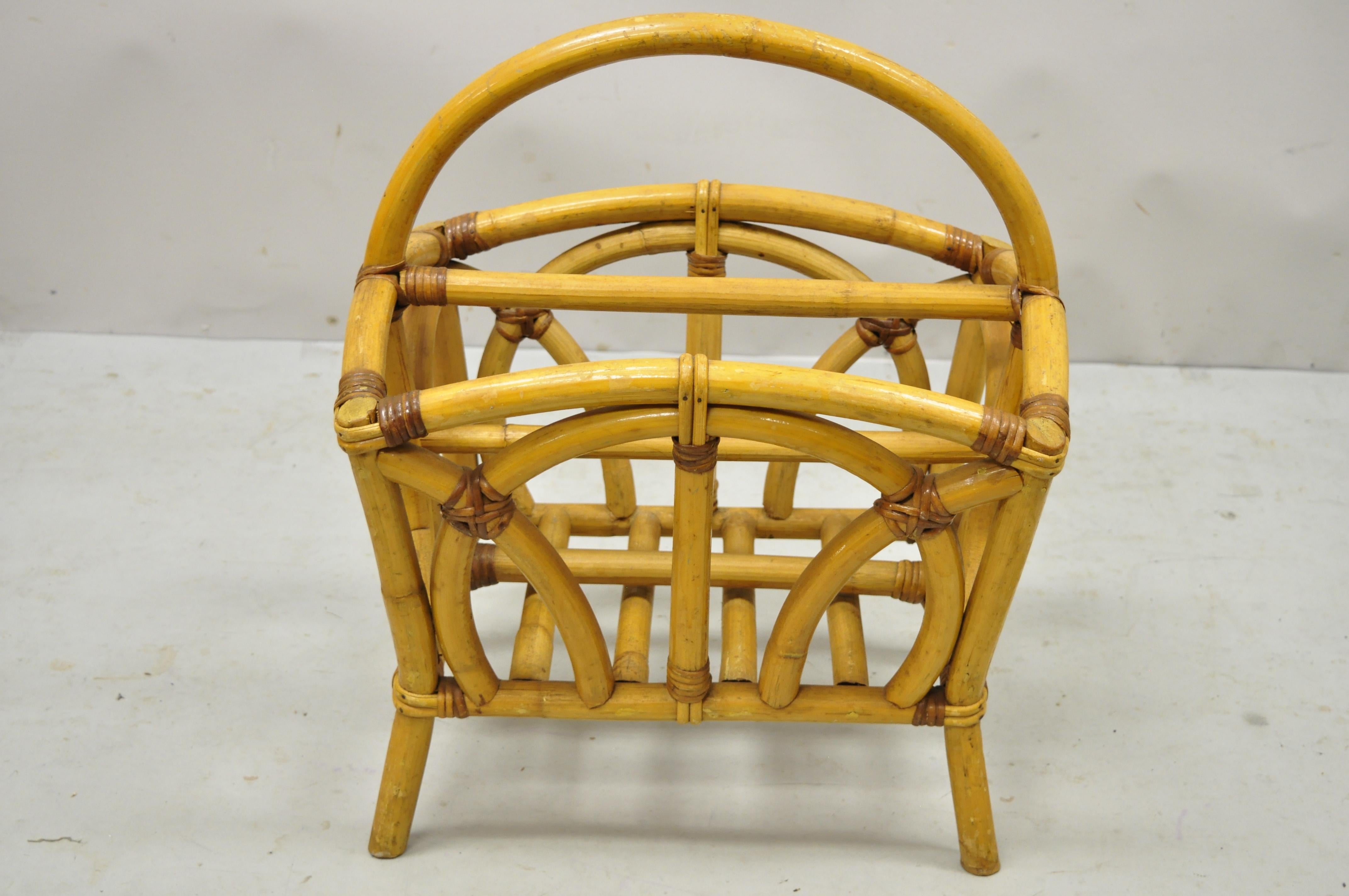 20th Century Calif-Asia Rattan Bamboo Chinese Chippendale Boho Tiki Magazine Rack Stand 'A' For Sale