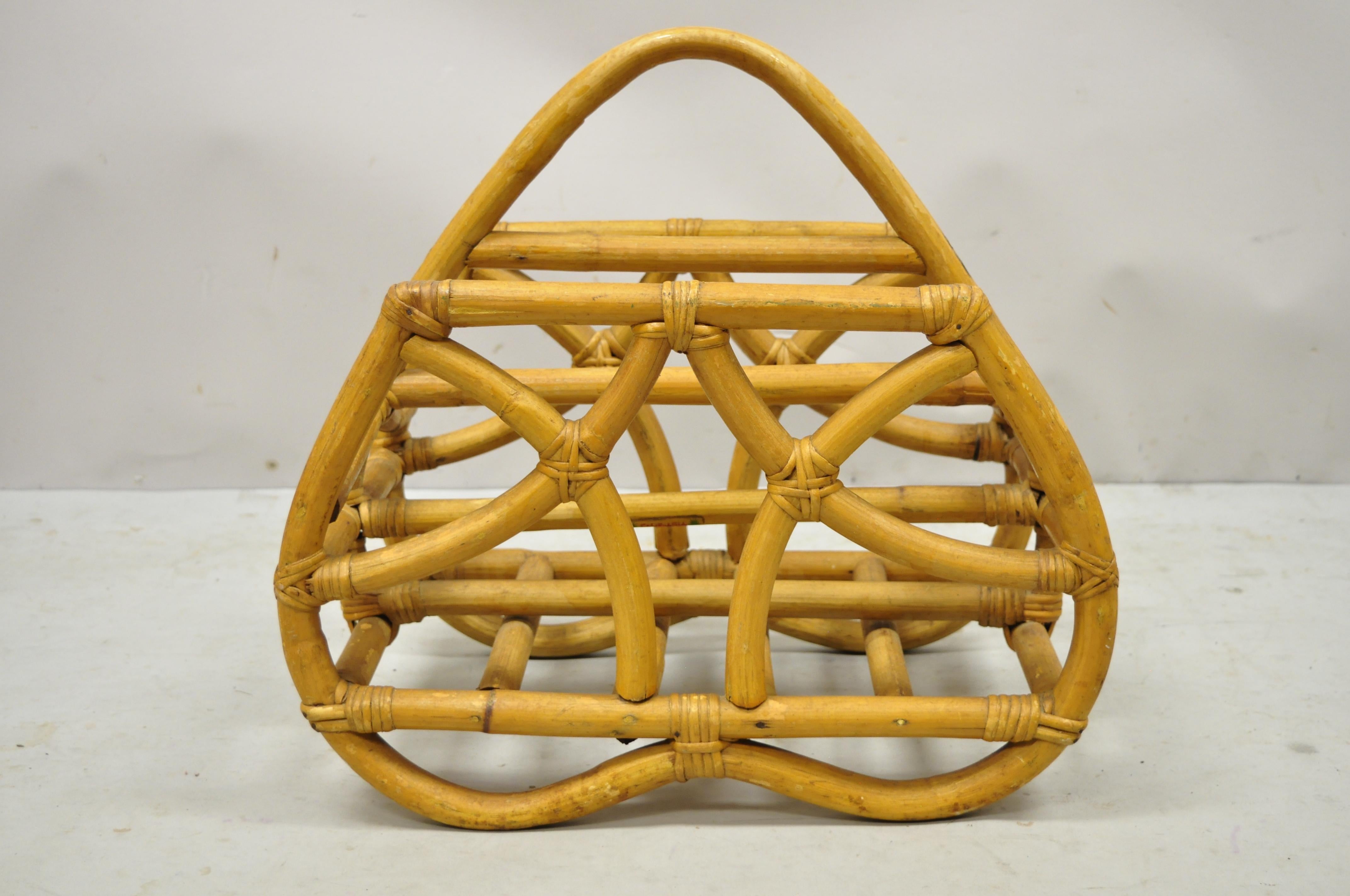 Vintage Calif-Asia Rattan Bamboo Chinese Chippendale Boho Tiki Magazine rack stand (B). Item features original label, very nice vintage item, sleek sculptural form. Circa Mid 20th Century. Measurements: 20.5
