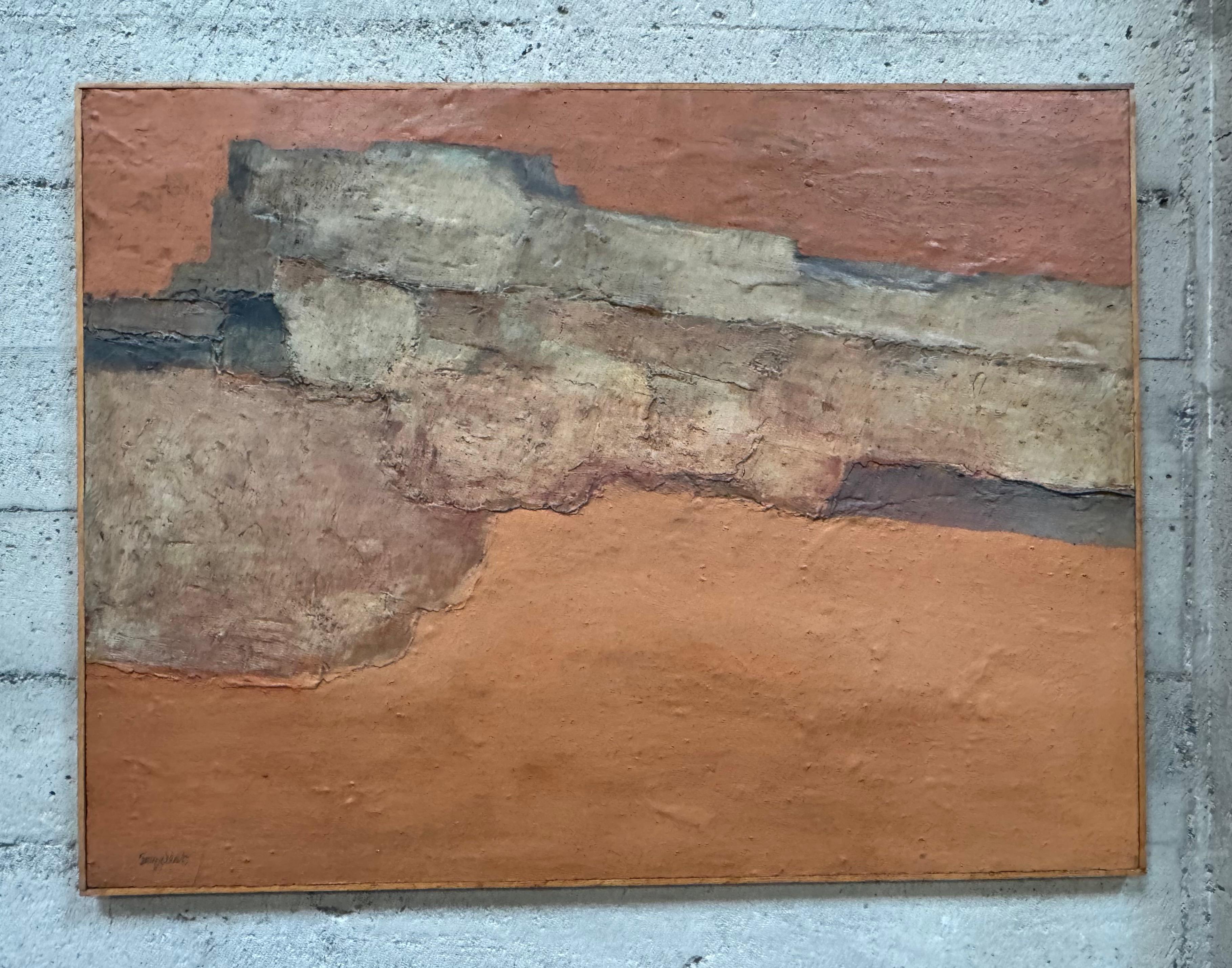 Louis Bassi Siegriest (1899-1989), artista del Área de la Bahía de California, pintura abstracta al óleo y arena sobre tabla titulada 