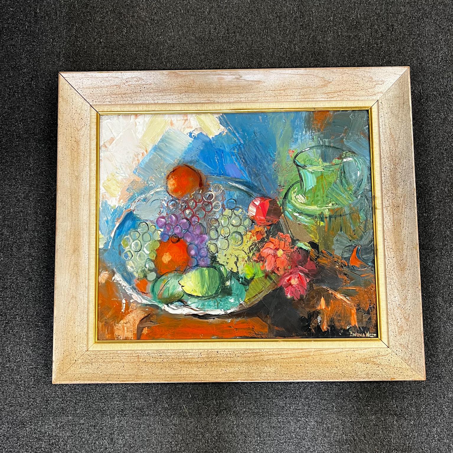 Artist Barbara West, The Green Jug 
Abstract still life 
Oil on Masonite board
Signed and framed.
29.38 w x 25.5 h x 2 d, art 23.5 x 19.5
Original vintage condition
See images please.