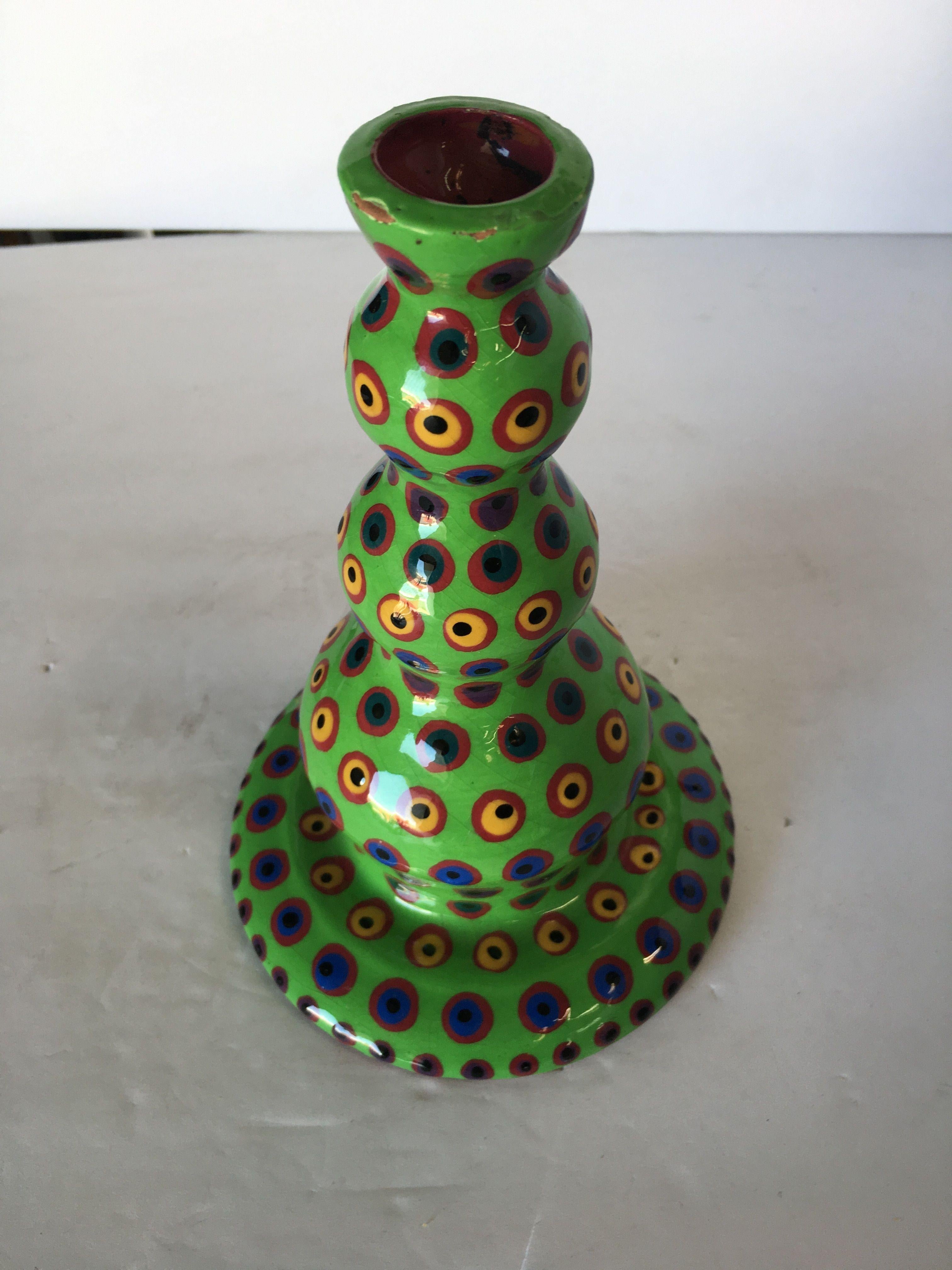 California Art Pottery Candlestick holder with green speckled psychedelic pattern design by Lynda Feman. Circa 1998