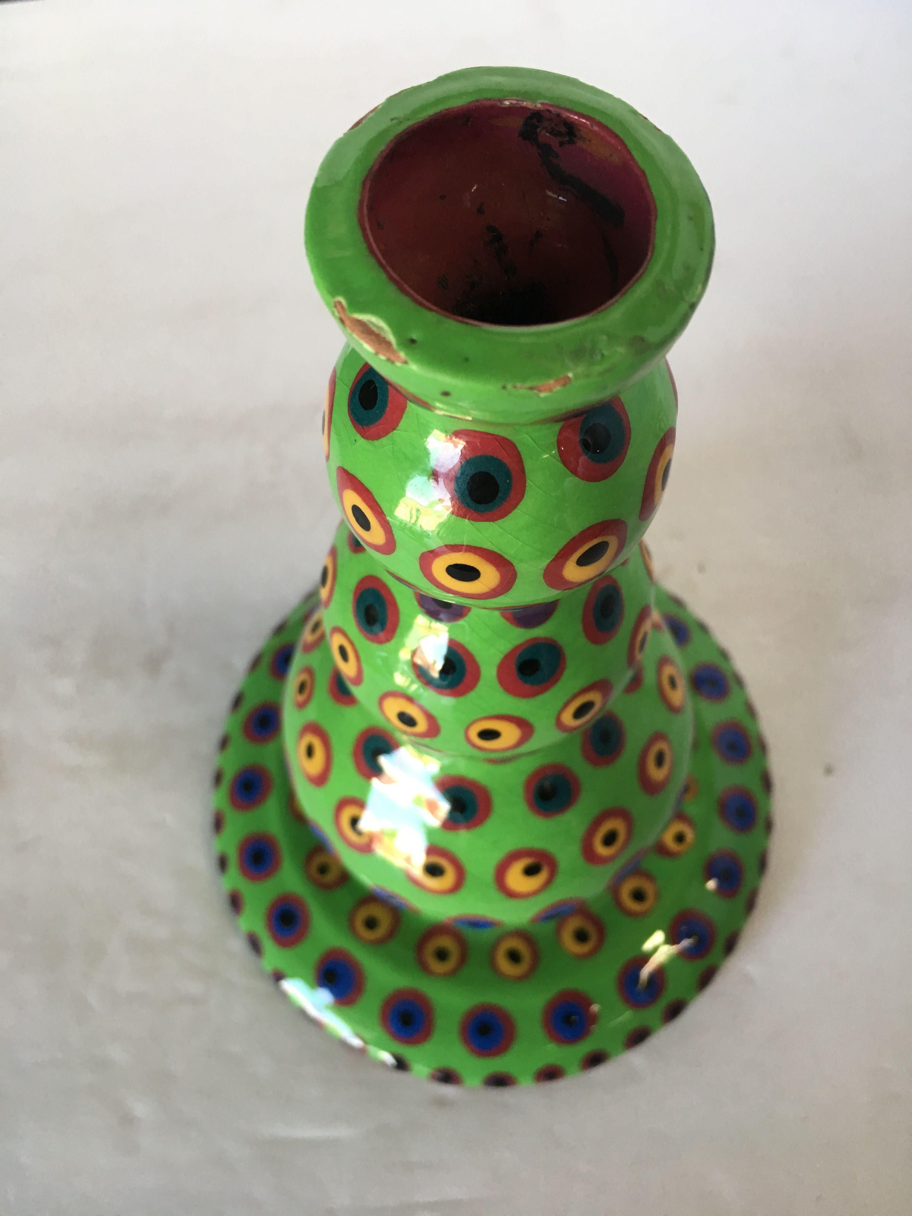 California Art Pottery Green Candlestick holder by Lynda Feman Circa 1998 In Excellent Condition In Van Nuys, CA
