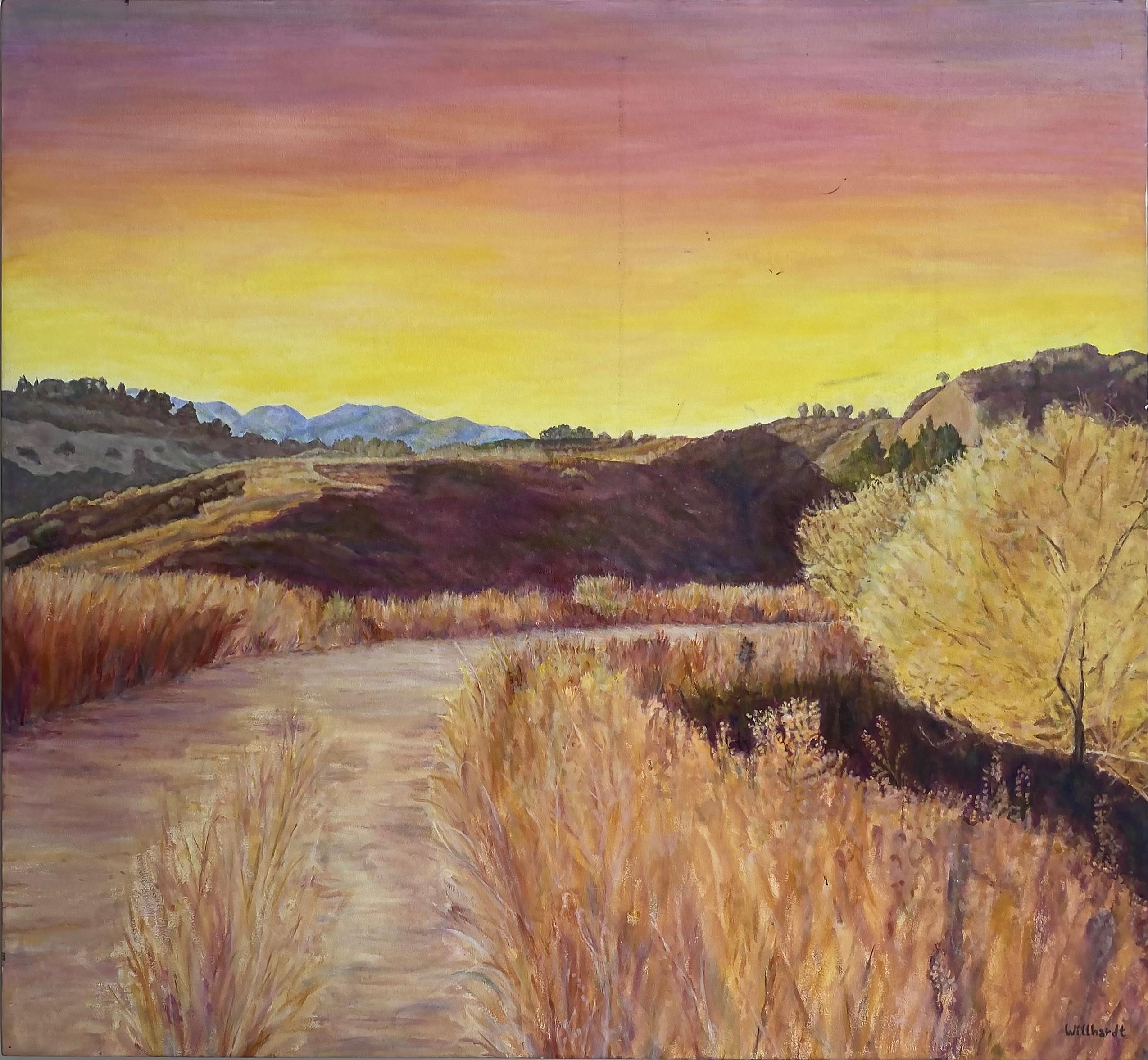 Hand-Painted California Artist Gail Willhardt Landscape Painting Tranquil Sunset Trail For Sale