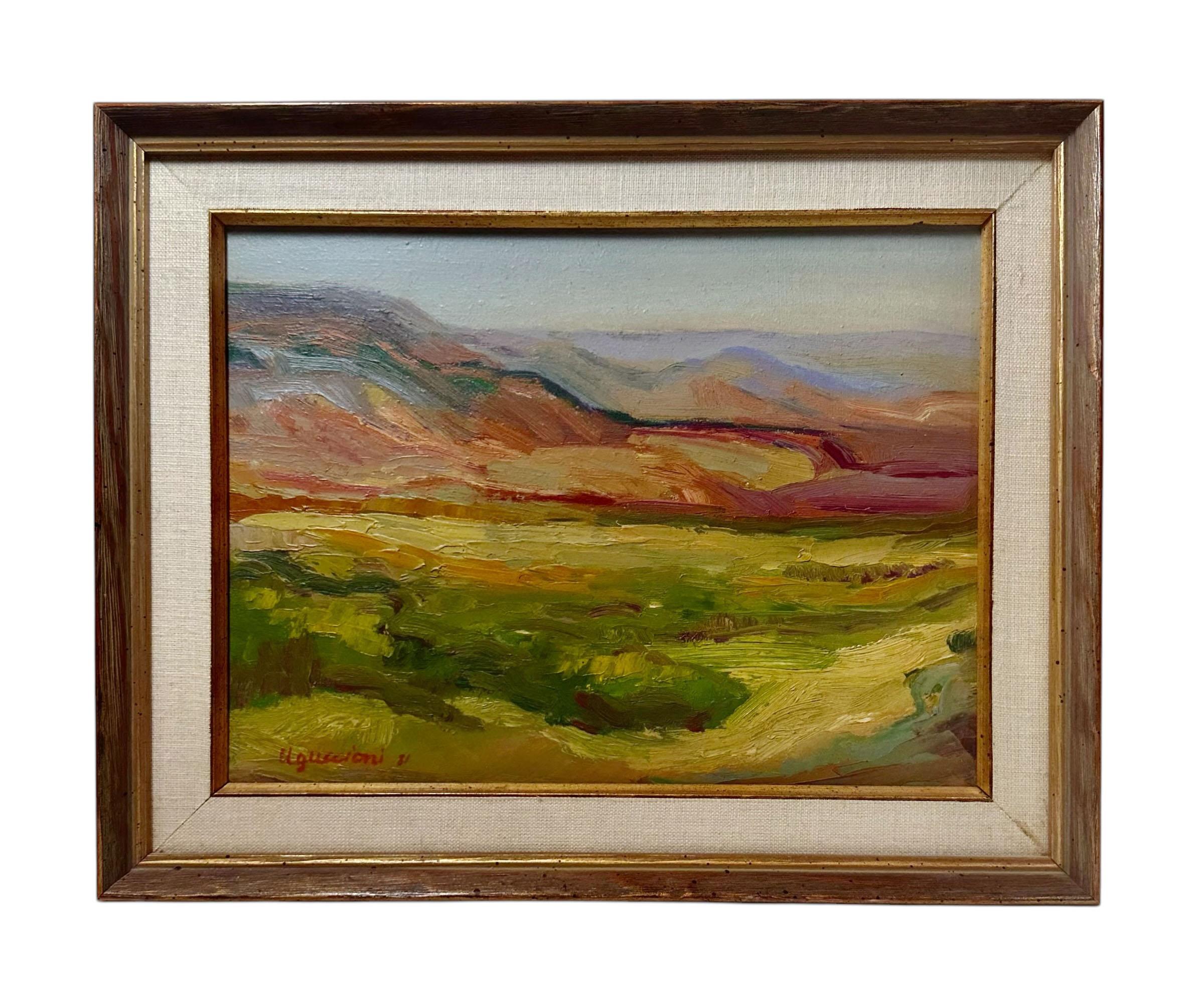 This beautiful American landscape painting captures the natural beauty and rich tones in a California landscape. Framed in a wood grain finish frame with a linen liner and gold fillet, it offers a refined presentation that enhances the artwork’s