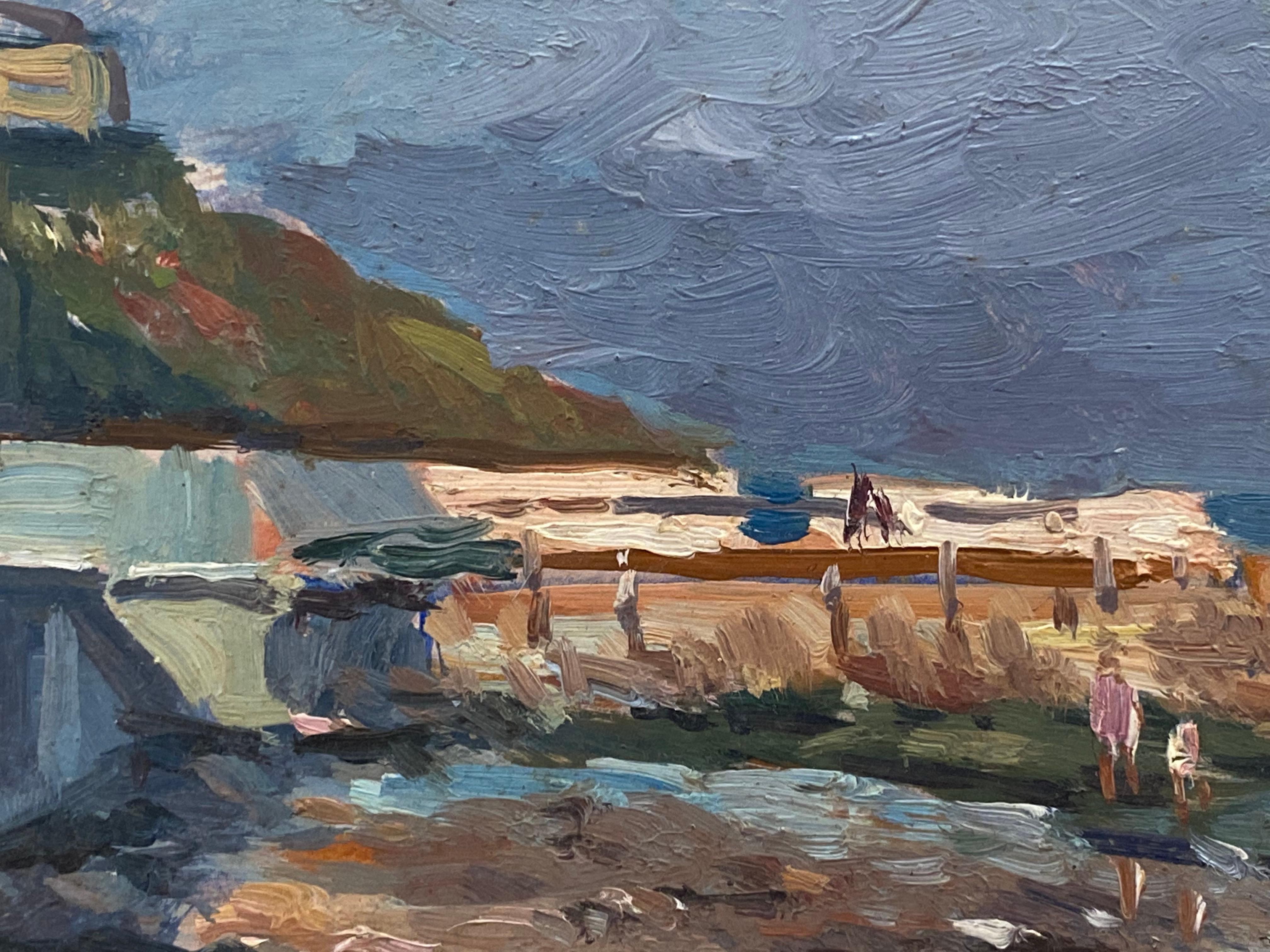 20th Century California Beach Scene by French Impressionist Artist -Signed Oil Coastal Scene For Sale