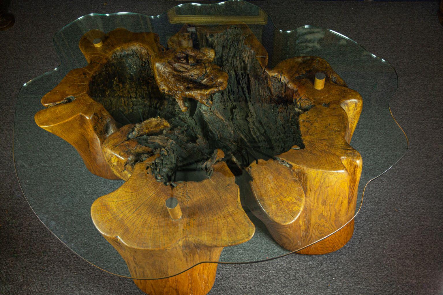 California Mid-Century Modern style tree root dining table with custom three-quarter inch glass top. One of the most incredible tables I have ever seen. If you are looking for a one of a kind table, this is it! Base is made of beautiful California