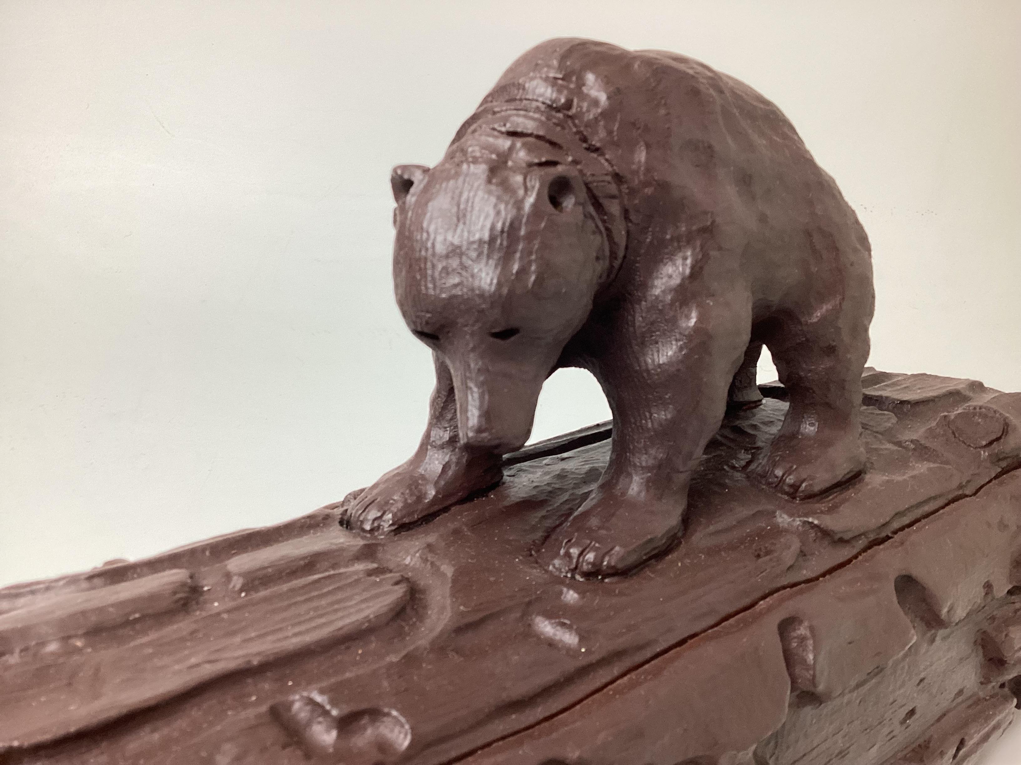 American California Chocolate Hand Carved Wood Box with Grizzly Bear on Top For Sale