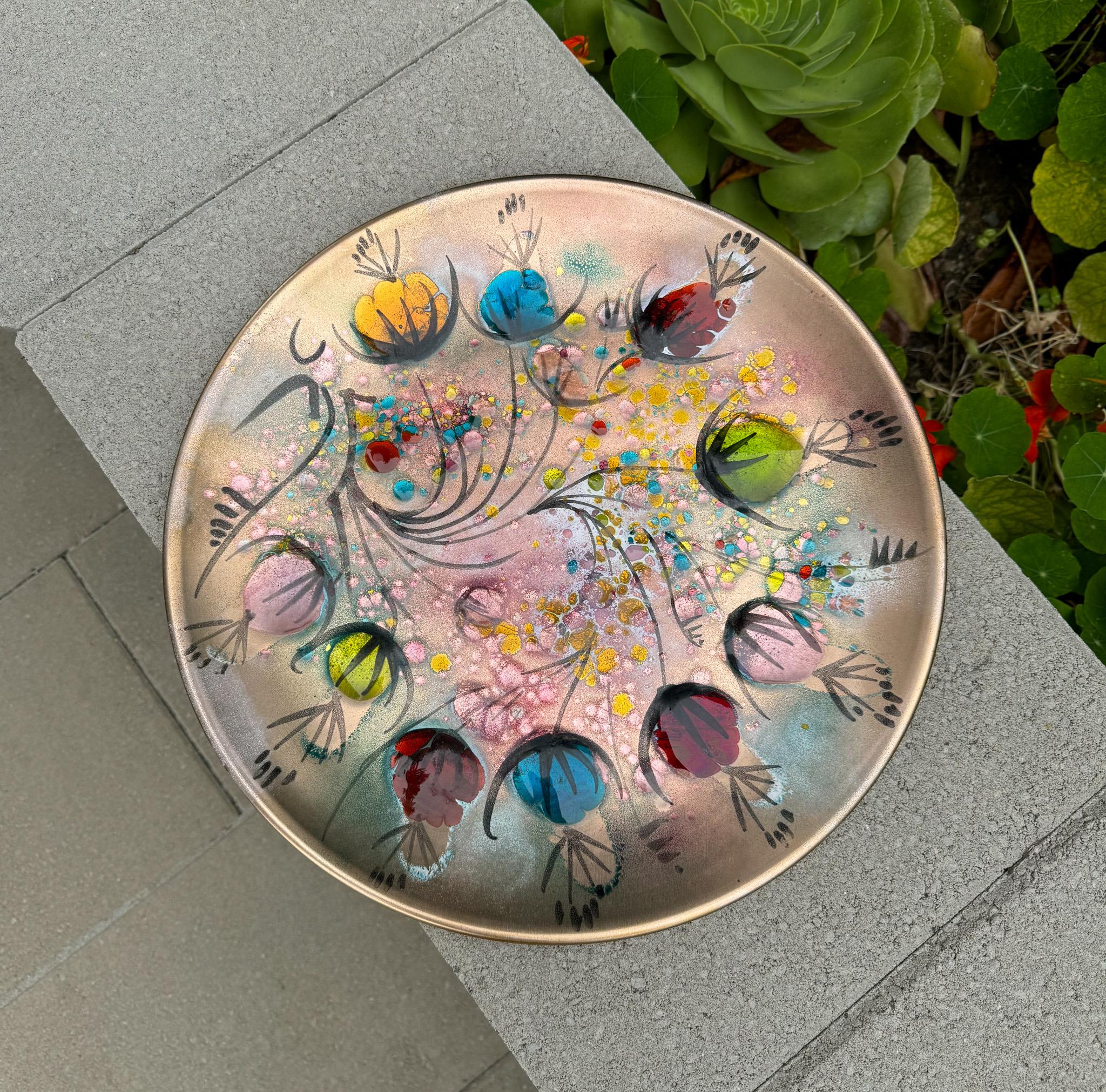California Cloisonné Large Enamel on Copper Charger by Landau & Associates, 50's 4