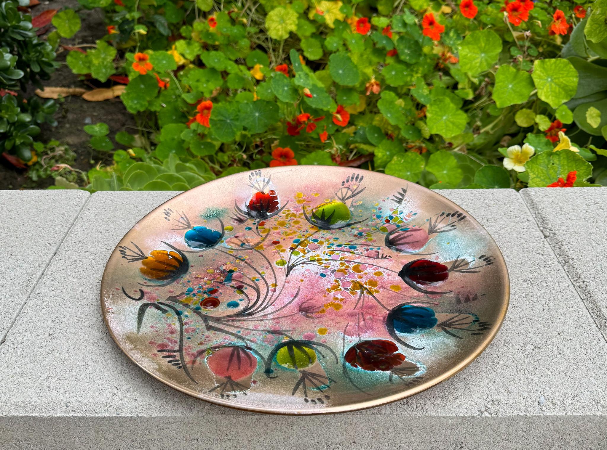 California Cloisonné Large Enamel on Copper Charger by Landau & Associates, 50's 7