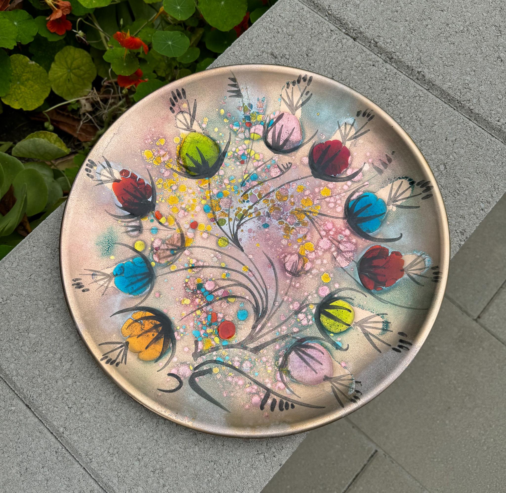 California Cloisonné Large Enamel on Copper Charger by Landau & Associates, 50's 8